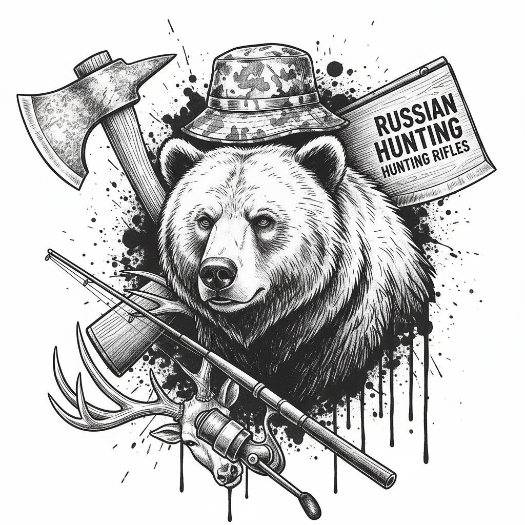 Make a similar picture, but with a bear and an axe instead of a bucket with the inscription: Russian hunting. Hunting rifles.