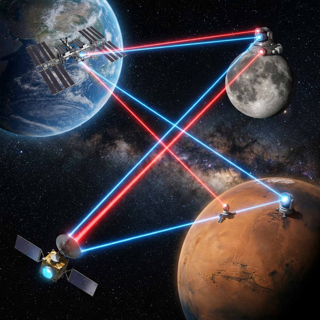 深空激光通信，包含地球、月球、空间站、火星的空间激光通信链路组网