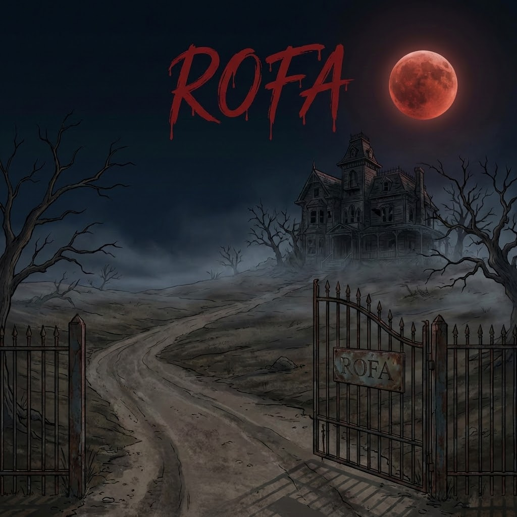 A terrible haunted house on empty hill.environment looks awful,and darkness. The sky is night sky and clear with blood moon,there is a long road front of the house. And there is gate front of that. It means road is visible after adding the gate and a text"ROFA" written on the gate's plate. And on the sky written "ROFA" with bloody colour script font style. And awful.terrible. animated. 4krelistic