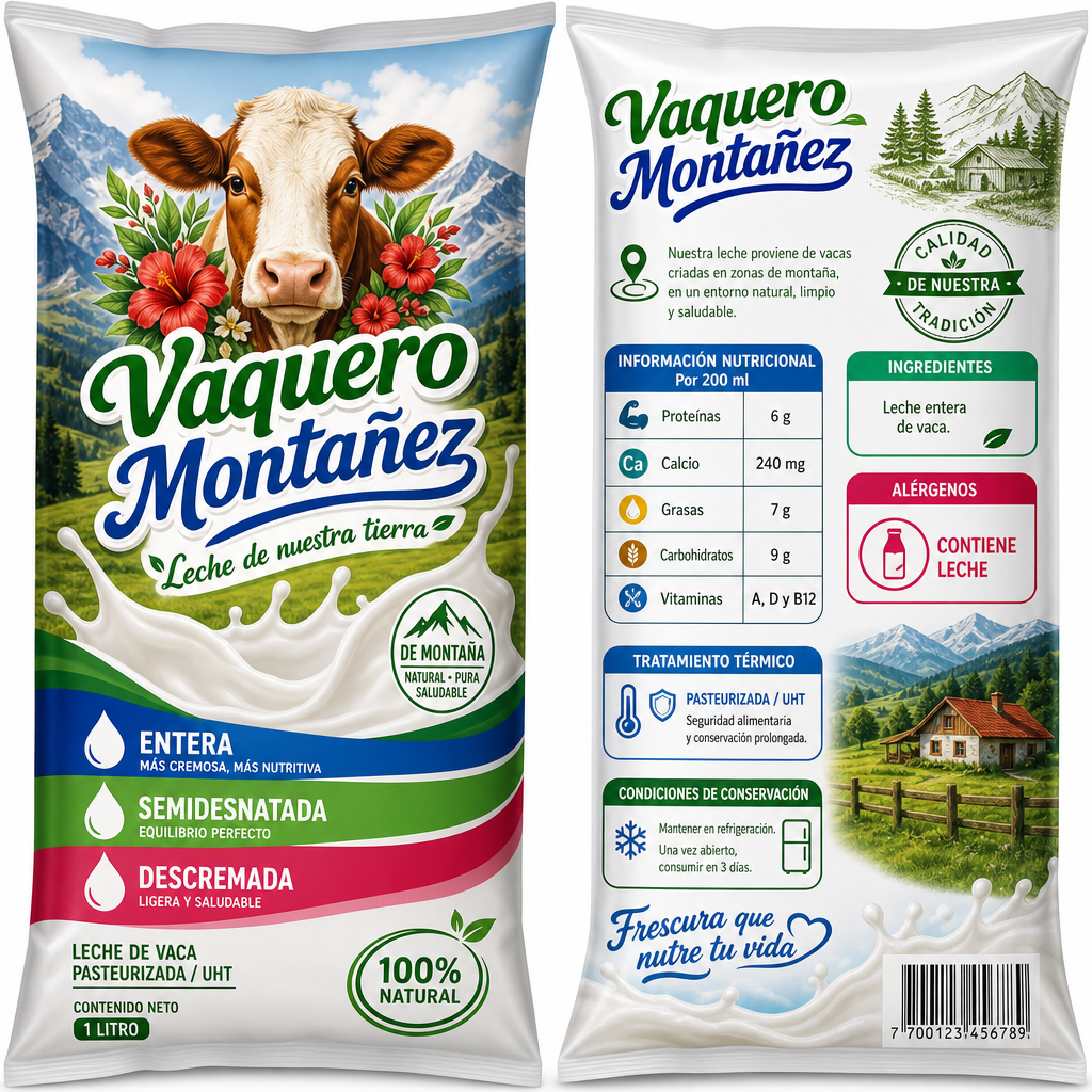 Leche VaqueroMontañez – Empaque tipo frujos
Denominación del producto:
“Leche VaqueroMontañez” – disponible en variedades entera, semidesnatada y descremada.

Origen:
Procedente de ganado vacuno criado en zonas de montaña, resaltando un entorno natural, limpio y saludable.

Tratamiento térmico:
Pasteurizada o UHT, garantizando seguridad alimentaria y conservación prolongada.

Tabla nutricional (por 200 ml):

Proteínas: 6 g

Calcio: 240 mg

Grasas: 7 g

Carbohidratos: 9 g

Vitaminas: A, D y B12

Ingredientes:
Únicamente “leche entera de vaca”.

Alérgenos:
Advertencia obligatoria: “Contiene leche”.

Condiciones de conservación:
“Mantener en refrigeración. Una vez abierto, consumir en 3 días”.

Identidad visual:
Logo VaqueroMontañez acompañado de elementos gráficos que evocan tradición, naturaleza y frescura: la cabeza de vaca rodeada de flores rojas y hojas verdes, junto a tipografía colorida y líneas curvas que transmiten vitalidad.