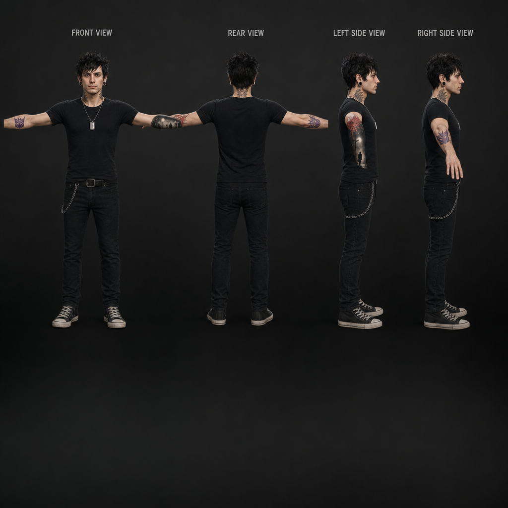 Have this character in a t-pose showing a front view, rear view, and side profiles. Keep all the features including tattoos, decepticon symbol on right forearm, Spider-Man costume spider web on left elbow, and exorcist street light scene from poster on left forearm.