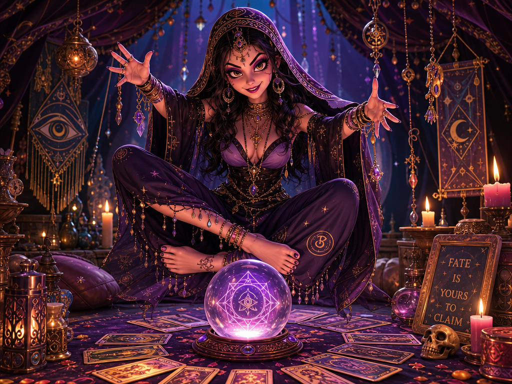 Change the design of the gothic oracle and, her suit and her position in her fortune teller's tent. Debe flotar levemente. The image must be in 3D Disney Pixar style and toon, not so dark. Exaggeration expressions and features. Parte de la decoración debe ser esotérica. Ella debe tener capucha o algo en la cabeza de adivina y una mirada inquietante aunque atractiva y una sonrisa maliciosa, y descalza con uñas pintadas y ocupar casi toda la parte vertical de la imagen con la bola de cristal para invocarla en frente Y cartas del Tarod. La imagen debe ser algo más ancha que alta y en una combinación perfecta que realce a la adivina que es la protagonista. La imagen debe ser en formato 4:3