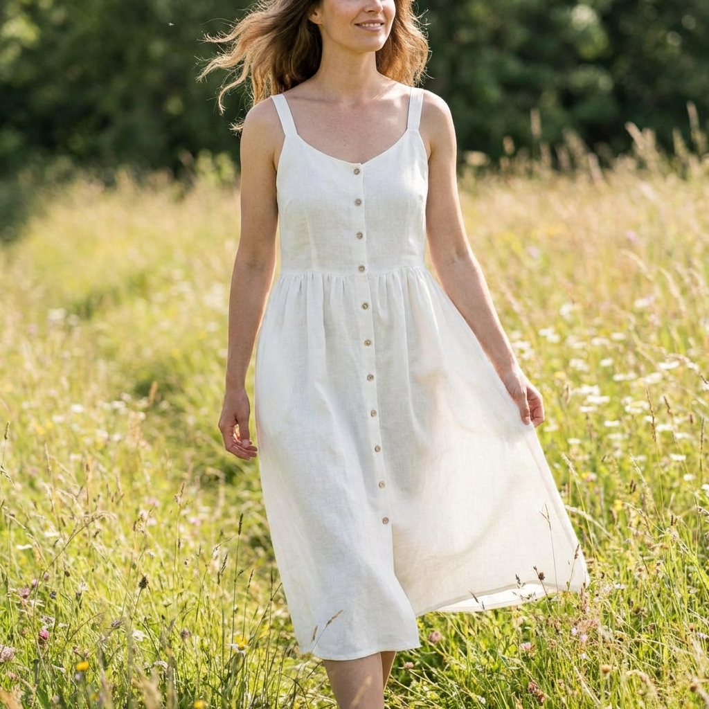 I remember she had the light summer dress, very airy with soft flowing fabric that was buttoned in the front from top to bottom