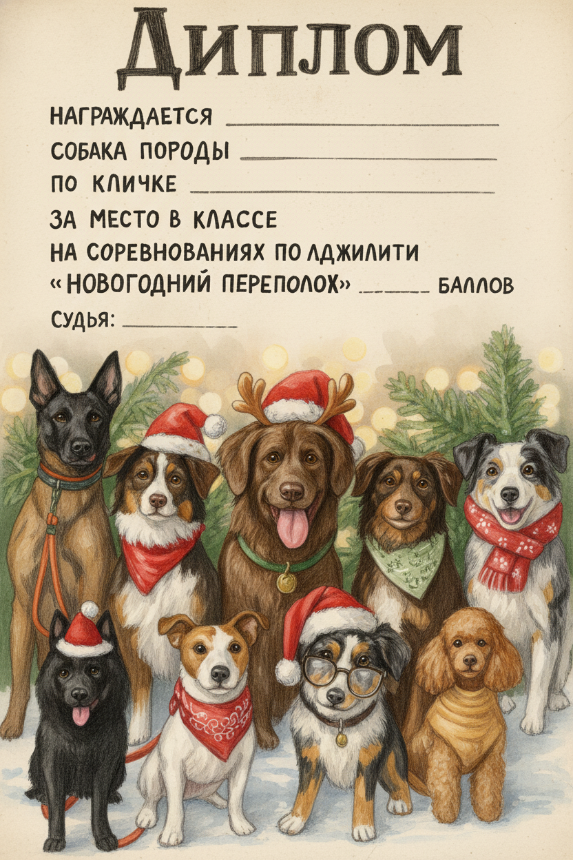 Нарисовать реалистичный эскиз для диплома на новогоднюю тематику, сохраняя ВСЕХ собак, изображённых на первом фото (можно одеть их в новогодние аксессуары/костюмы по вашему усмотрению).Текст на дипломе разместить следующим образом:
По центру крупно: Диплом
Ниже отдельной строкой: награждается
Под ней: собака породы
Следом: по кличке
Затем: за место в классе
Ниже: на соревнованиях по аджилити «Новогодний переполох»
Ещё ниже: с результатом ____ баллов
