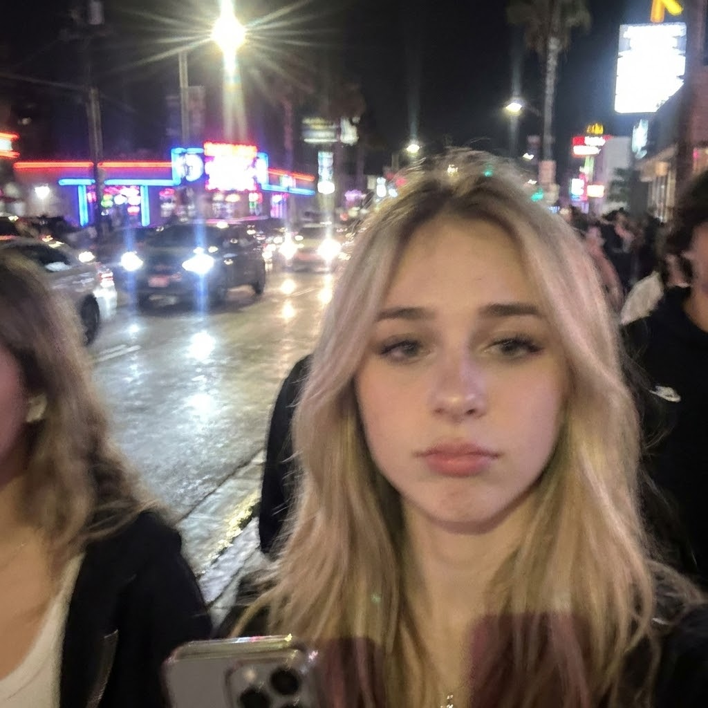 Take an extremely ordinary and unremarkable iPhone selfie, with no clear subject or sense of composition—just a quick accidental snapshot. The photo has slight motion blur and uneven lighting from streetlights or indoor lamps, causing mild overexposure in some areas. The angle is awkward and the framing is messy, giving the picture a deliberately mediocre feel, as if it was taken absentmindedly while pulling the phone from a pocket. The main character and the one taking the photo is the girl in the attached photo, next to her can be more people, this photo should display an imperfect moment. The background shows a lively TEMPAT at night, with neon lights, traffic, and blurry figures passing by. The overall look is intentionally plain and random, capturing the authentic vibe of a poorly composed, spontaneous iPhone selfie.