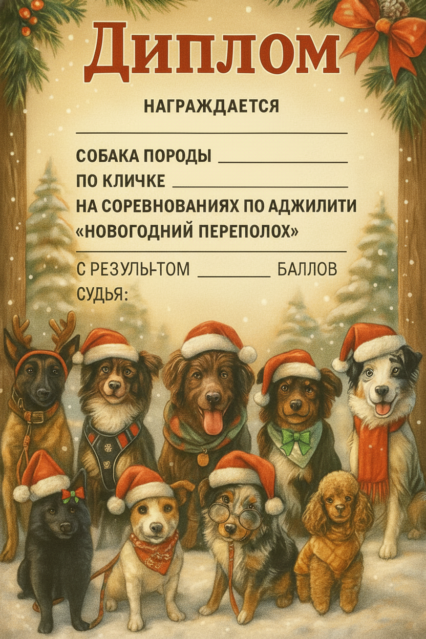 Нарисовать реалистичный эскиз для диплома на новогоднюю тематику, сохраняя ВСЕХ собак, изображённых на первом фото (можно одеть их в новогодние аксессуары/костюмы по вашему усмотрению).Текст на дипломе разместить следующим образом:
По центру крупно: Диплом
Ниже отдельной строкой: награждается
Под ней: собака породы
Следом: по кличке
Затем: за место в классе
Ниже: на соревнованиях по аджилити «Новогодний переполох»
Ещё ниже: с результатом ____ баллов