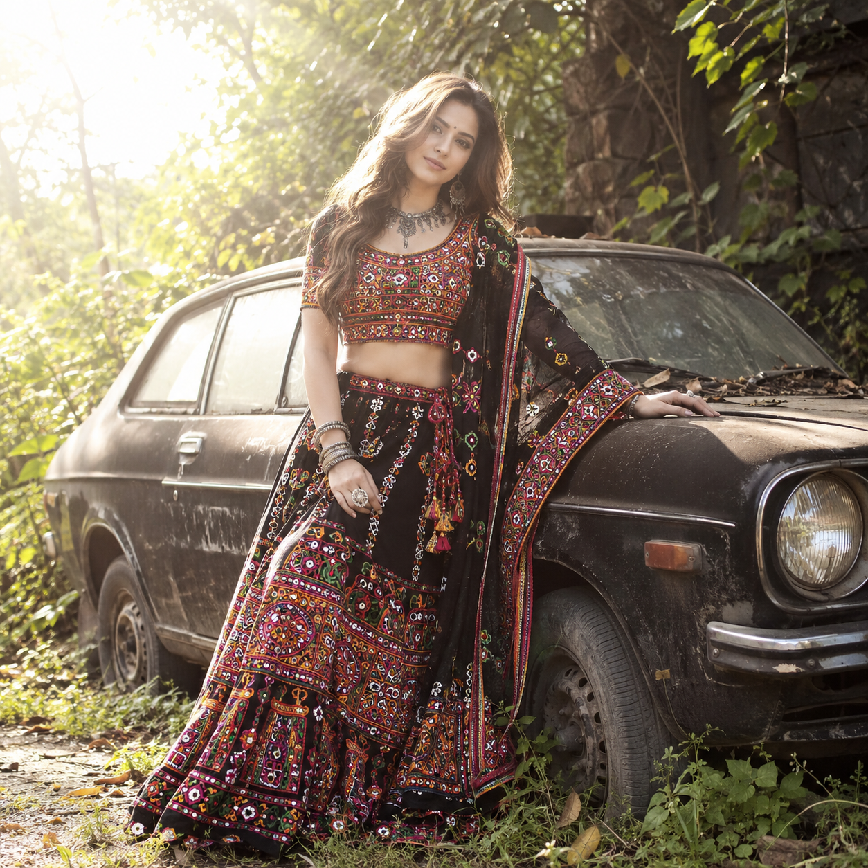 A straight-on medium shot features a young woman with light skin and long brown hair, standing outdoors beside a weathered black car. The woman clad in an exquisitely detailed Ghagra Choli with intricate Kutchi patterns, complemented by a flowing Dupatta that drapes gracefully around her shoulders; her vibrant crop top showcases bold geometric motifs , leaning slightly to her left. Natural sunlight from the upper left casts a bright, diffused glow, creating lens flare and soft highlights around her silhouette. The background is dense with green foliage, suggesting an overgrown, possibly abandoned area. A Web-like pattern of sunbeams and light scatter are noticeable, adding a dreamy, ethereal quality to the image. The overall atmosphere is a mix of romantic and rustic, with the bright daylight contrasting against the overgrown and slightly neglected environment.