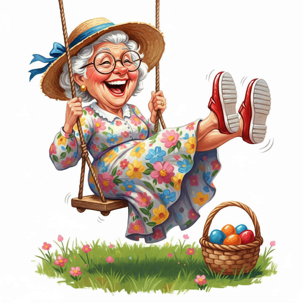 cute caricature glossy side view, cheerful older woman with white hair and glasses, wearing a wide-brimmed straw hat and a floral dress, laughing exuberantly as she swings high on a wooden rope swing. The woman is wearing red slip-on shoes with visible soles. Below the swing is a piece of green grass with small, pink, spherical wildflowers. At the bottom right is a woven wicker basket on the floor, filled with colorful Easter eggs in blue, orange and redRendering in Native 4K. ,oil painting, white background