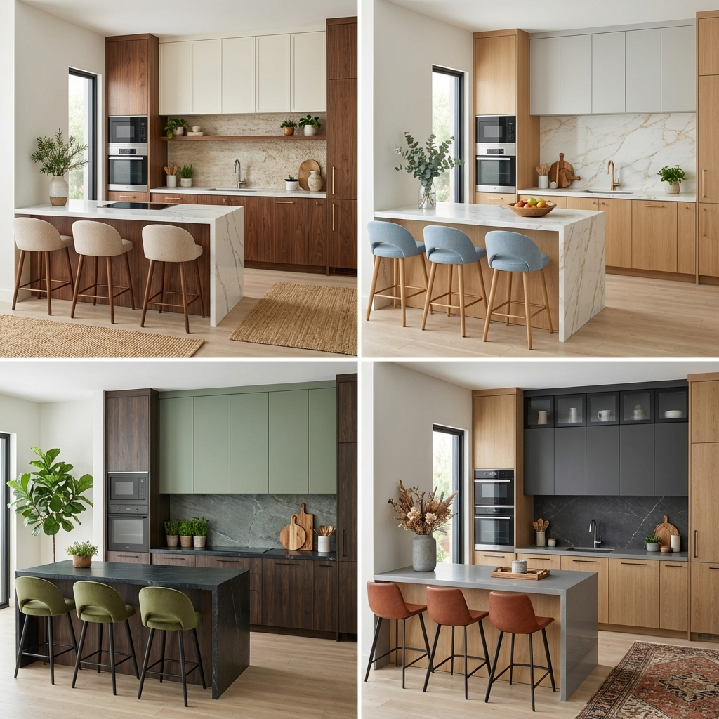 я прикрепил фотографию это Кухня-гостинная - она максимально отображает как я хочу расставить мебель. но оттенки - цвета мебели и интерьера мне не нравятся, прикрепил ещё несколько скриншотов с интерьером и дизайном который мне по душе. нарисуй мне 4 вариации моей комнаты в этом стиле.. так же хочу добавить что мне нравится когда есть небольшие элементы с деревом, натуральным камнем и немного зелени или цветов. Учти что вся мебель должна остаться как есть, мне хочется только что бы были различные вариации дизайна - интерьера.