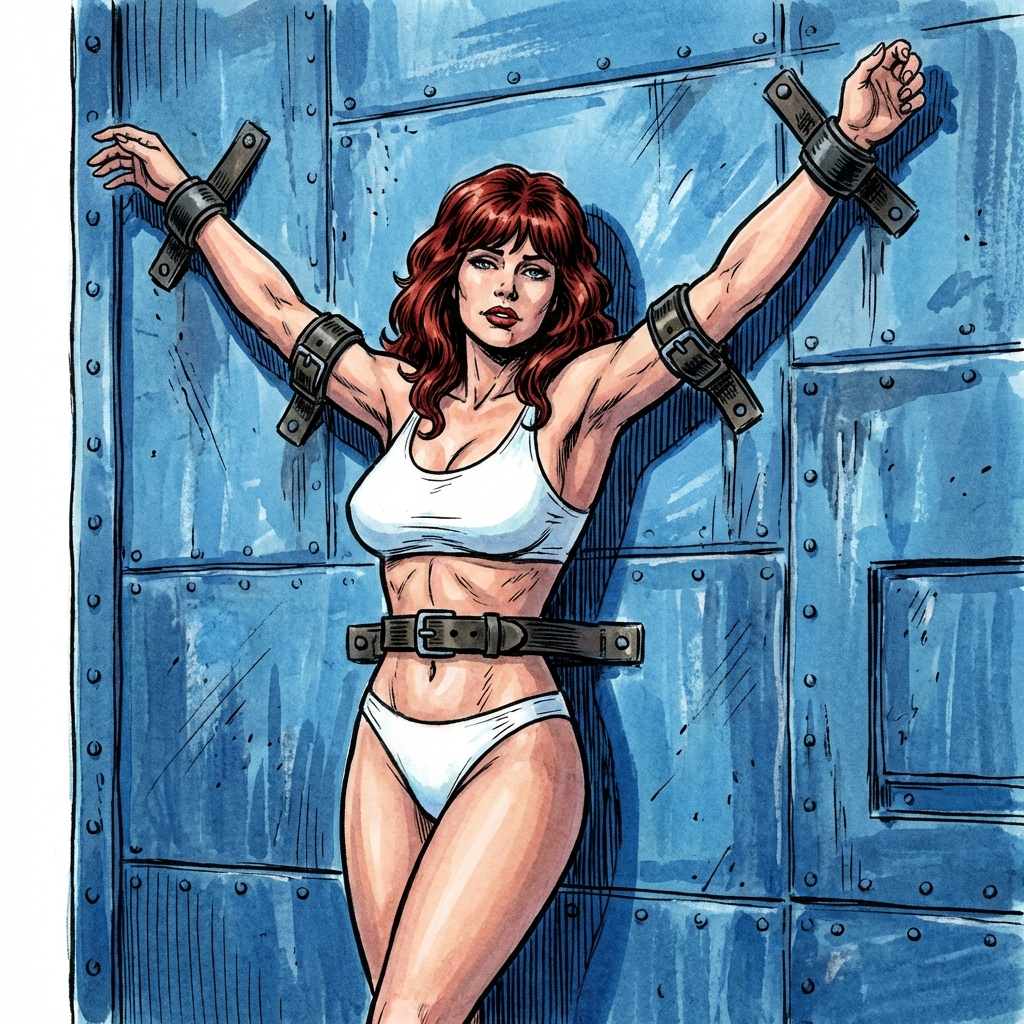she is strapped to a metal blue wall,
her arms are outstretched upwards