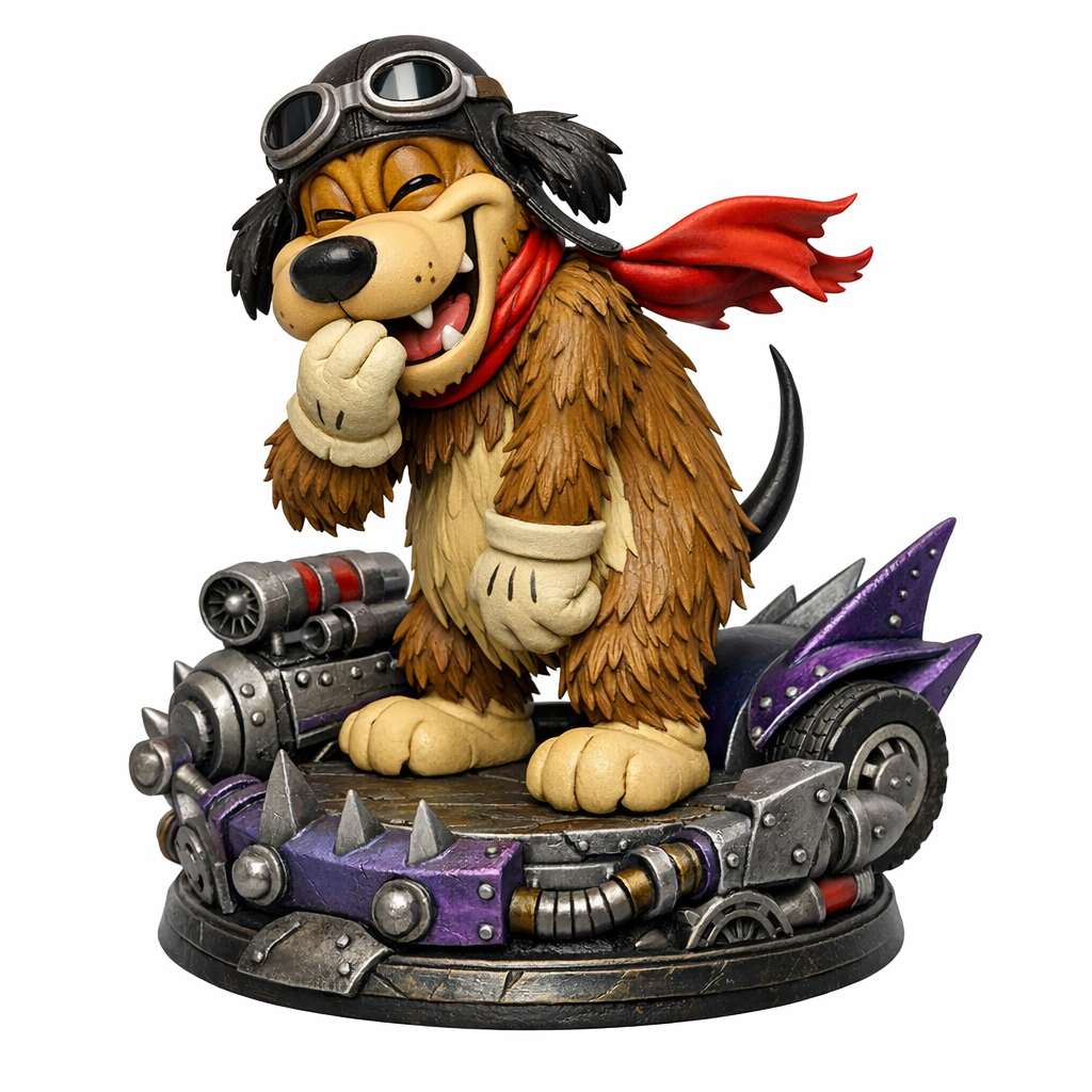 Create a full-body high-end 3D collectible statue with a visible base, designed as a physical object optimized for 3D printing.
IDENTITY / CORE DESCRIPTION
Anthropomorphic dog character unmistakably recognizable as PLUTO wearing the outfit and personality traits of Muttley from Wacky Races. This character must clearly be Pluto dressed and behaving like Muttley, not a reinterpretation, not an inspired creature, and not an abstract entity. The statue must look like a premium high-end collectible statue designed for collectors.
HEAD / CHARACTER DETAILS
Classic Pluto dog head shape with long ears and rounded muzzle. Expression must replicate Muttley’s iconic snickering laugh: mouth slightly open with teeth visible and one paw raised toward the mouth as if suppressing laughter. Eyes slightly squinted in a mischievous expression.
FUR / PELT TEXTURE
The fur must be sculpted with uneven cartoon-style tufts matching Muttley’s characteristic scruffy appearance. Primary fur color medium brown with lighter beige muzzle and belly. Fur should look messy and layered with visible sculpted strands rather than smooth surfaces.
OUTFIT / ACCESSORIES
Vintage aviator racing outfit inspired by Muttley:
• Red pilot scarf around the neck flowing backward in the wind
• Small aviator cap or pilot goggles resting on the head
• Classic cartoon racing gloves
POSE
Muttley’s iconic snickering pose: Pluto standing slightly hunched forward with one paw covering the mouth while laughing, shoulders raised in a mischievous posture. The body language must clearly convey sneaky laughter.
ALTERNATIVE POSE OPTION
Pluto sitting inside the Mean Machine car passenger seat leaning slightly forward laughing mischievously while gripping the edge of the vehicle.
BASE
Cartoon mechanical base inspired by the Mean Machine car from Wacky Races with visible gears, metal plates and exaggerated cartoon mechanical shapes.
STYLE / MATERIAL
Highly detailed collectible statue sculpt optimized for physical 3D printing. Fur texture clearly sculpted, scarf flowing dynamically, stable contact points on the base and character.