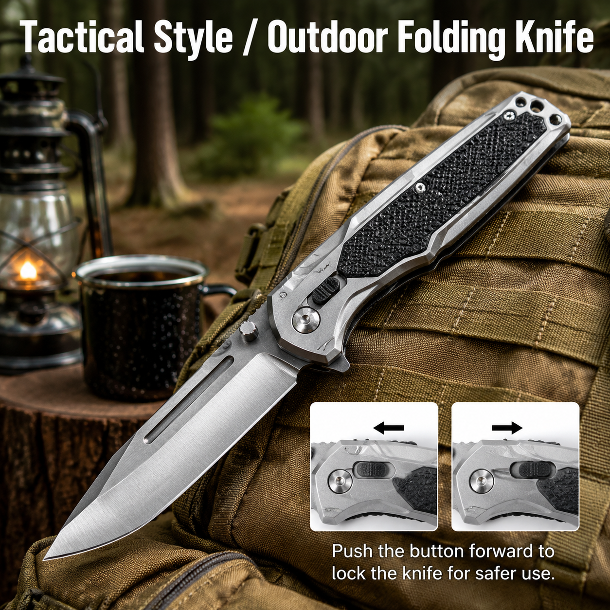 English AI Prompt for this product image (960×960 square e-commerce main image)
Main Generation Prompt
Square 1:1 product photography, outdoor camping tactical folding knife with silver aluminum handle and black textured grip inlay, the knife lies diagonally on khaki tactical backpack fabric, blurred forest camping background on the left with vintage metal lantern and black enamel mug on wooden stump, natural soft outdoor daylight, realistic sharp metal texture, clear blade grind lines, high detail, commercial Amazon product shot, ultra HD, 8K, shallow depth of field
Top large bold white sans-serif text overlay: "Tactical Style / Outdoor Folding Knife"
Bottom right two small white-background close-up inset images showing the sliding safety lock button mechanism of the knife handle
White subtitle text below insets: "Push the button forward to lock the knife for safer use."
Negative Prompt
blurry, low resolution, deformed knife shape, messy text, watermark, extra people, bright overexposure, cartoon, painting, plastic toy texture, distorted metal screws, disorganized background, uneven lighting, ugly font, cut off knife edges
Short Version (for quick generation)
1:1 square commercial product photo, silver outdoor folding tactical knife on tactical backpack, forest camping bokeh background with lantern and metal cup, big white title text at top, two small lock mechanism close-up insets at bottom right with descriptive subtitle, realistic metal texture, soft natural outdoor light, sharp focus, 8K e-commerce main image