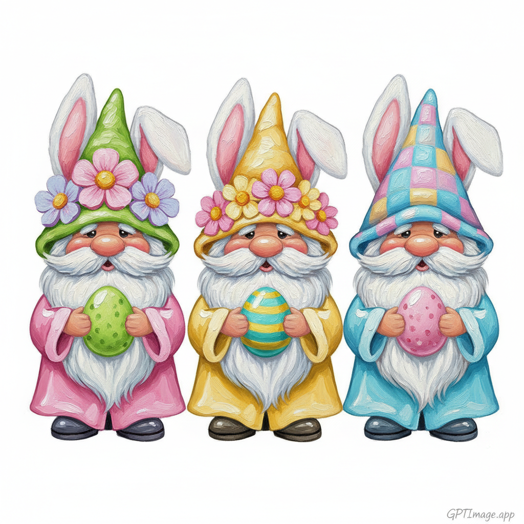 An explorer standing on a cliff, watching aurora ribbons illuminate the skcute caricature glossy chibi three Easter dwarves with flabby bunny ears standing and holding decorated Easter eggs. The gnome on the left wears a pink cloak and a green hat decorated with pink flowers and a yellow center. The middle gnome has a yellow mantle and a flower hat with pink and yellow flowers. The gnome on the right wears a light blue coat and a pastel checked hat. Each gnome has a white beard and holds an Easter egg: the left gnome holds a green speckled egg, the middle gnome holds a turquoise and yellow striped egg and the right gnome holds a pink speckled egg..Rendering in Native 4K. ,oil painting, white backgroundy above GPTImage.app's creative studio.