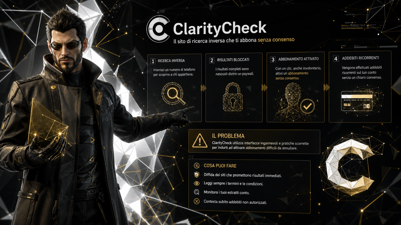 immagine fotografica illustrativa molto professionale che illustra ClarityCheck, il sito di ricerca inversa che ti abbona senza consenso
Immagine molto chiara e luminosa e ultra dettagliata con colori molto vividi e brillanti e luminosi e stile ultra moderno in stile Adam Jensen di Deus Ex Mankind Divided con poligoni e frattali tipo il breach con colori bianco puro, nero intenso, grafite e dorato metallico, il personaggio lo spiega illustrandolo in italiano in modo serio e professionale