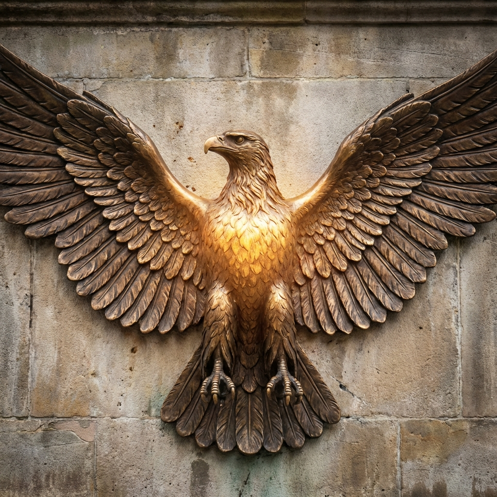 aggiungi un aquila simbolo, le ali con piume realistiche . illumina corpo