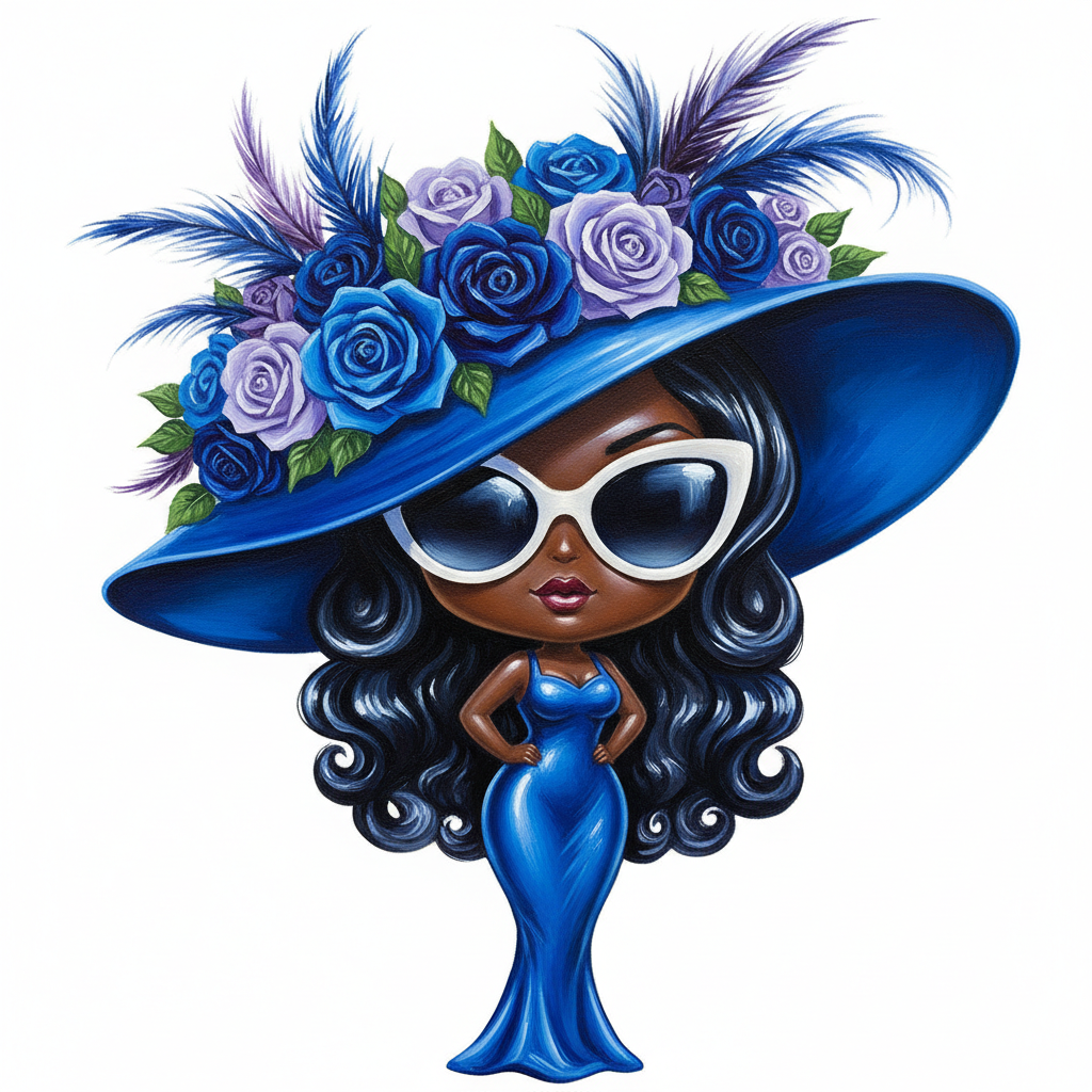 Cute caricature Chibi glossy elegant woman with deep skin tone, wearing a voluminous, wide-brimmed blue hat adorned with an elaborate arrangement of realistic deep blue, purple and lavender roses, leaves and thin feathers. She has voluminous, shiny dark hair styled in retro waves and wears large, oversized cat-eye sunglasses. She wears a figure-hugging, royal blue dress. Rendering in Native 4K. oil painting, white Background