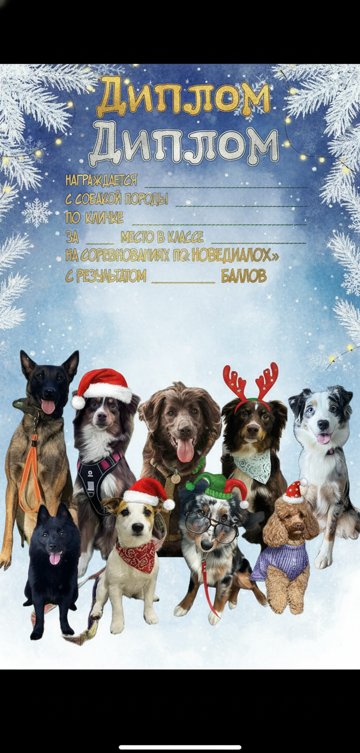 Нарисовать реалистичный эскиз для диплома на новогоднюю тематику, сохраняя ВСЕХ собак, изображённых на первом фото (можно одеть их в новогодние аксессуары/костюмы по вашему усмотрению).Текст на дипломе разместить следующим образом:
По центру крупно: Диплом
Ниже отдельной строкой: награждается
Под ней: собака породы
Следом: по кличке
Затем: за место в классе
Ниже: на соревнованиях по аджилити «Новогодний переполох»
Ещё ниже: с результатом ____ баллов