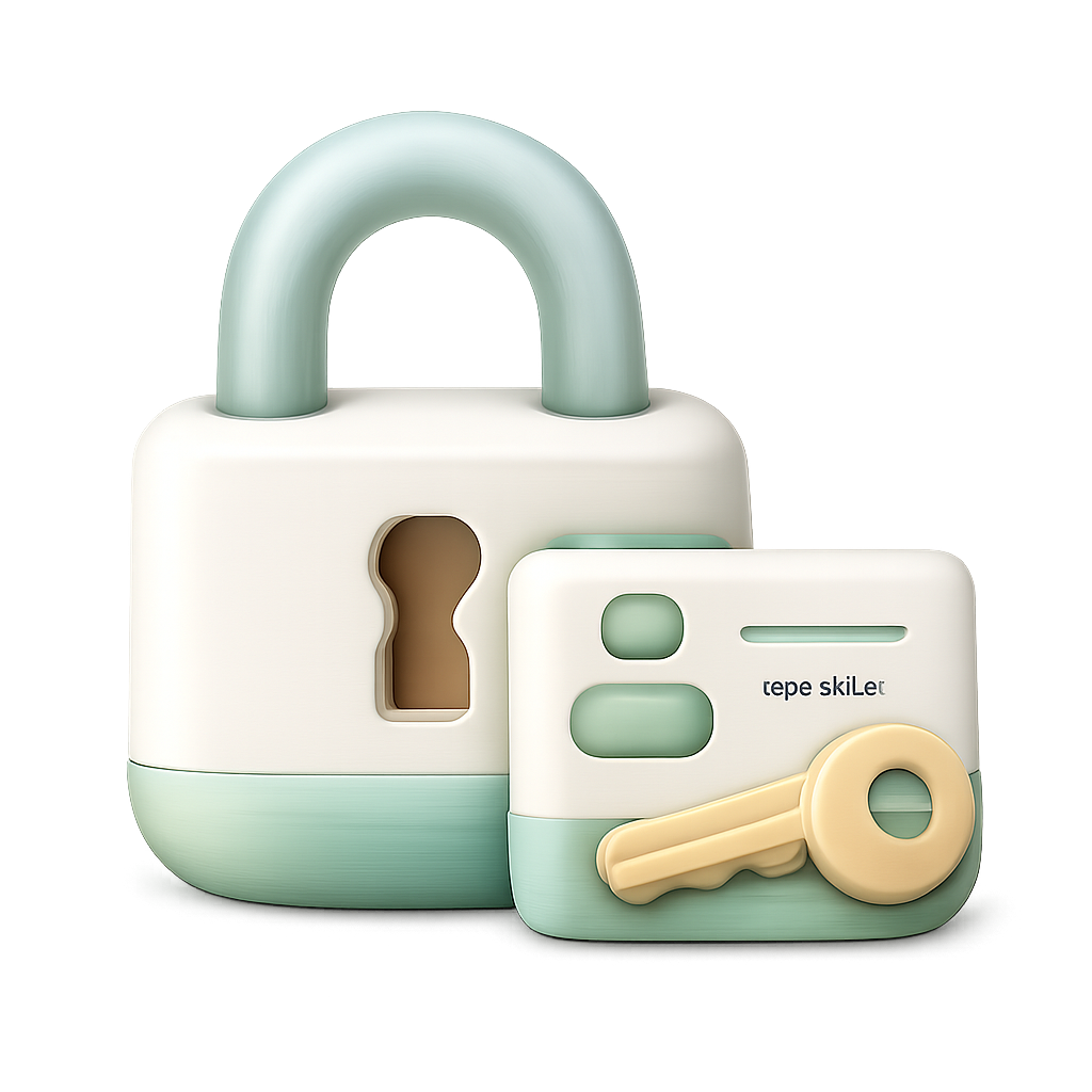 Use case: stylized-concept
Asset type: iOS admin entry icon
Primary request: a soft 3D clay security icon with a clear small lock as the main form and a simple parent-management card or key as a secondary element, representing admin password and security settings
Style/medium: soft 3D clay render, calm, tidy, dependable
Composition/framing: square canvas, 1:1, near edge-filling subject with only a thin stable safety margin; the non-transparent subject bounding box should reach about 97-99% of the canvas in at least one dimension, with the other dimension pushed as full as the subject shape allows, usually around 95-98%, leaving only about 1-2.5% transparent margin, crisp silhouette
Lighting/mood: soft natural daylight, clear, dependable, steady, low-pressure
Color palette: pale green, cream, light wood, with subtle secure blue-green accents; keep it low-saturation, dependable, and restrained, not vault-metal blue, keypad cold blue, or hard-contrast security alert color
Background: transparent background preferred; if transparency is unavailable, the fallback must be a perfectly flat solid `#FF00FF` chroma-key background only; do not use white, cream, gradients, shadows, floor planes, reflections, ambient color spill, texture, noise, checkerboard transparency preview, grid background, fake transparent backdrop, or any patterned background; `#FF00FF` must not appear inside the subject
Output: PNG, 1024x1024, 1:1
Constraints: no readable text, no letters, no numbers, no watermark, no logo, no full office scene, clear silhouette, readable at small size, do not turn it into a vault scene
Avoid: full keypad scenes, vault door, alarm device, tiny subject, object touching edgesUse case: stylized-concept
Asset type: iOS admin entry icon
Primary request: a soft 3D clay security icon with a clear small lock as the main form and a simple parent-management card or key as a secondary element, representing admin password and security settings
Style/medium: soft 3D clay render, calm, tidy, dependable
Composition/framing: square canvas, 1:1, near edge-filling subject with only a thin stable safety margin; the non-transparent subject bounding box should reach about 97-99% of the canvas in at least one dimension, with the other dimension pushed as full as the subject shape allows, usually around 95-98%, leaving only about 1-2.5% transparent margin, crisp silhouette
Lighting/mood: soft natural daylight, clear, dependable, steady, low-pressure
Color palette: pale green, cream, light wood, with subtle secure blue-green accents; keep it low-saturation, dependable, and restrained, not vault-metal blue, keypad cold blue, or hard-contrast security alert color
Background: transparent background preferred; if transparency is unavailable, the fallback must be a perfectly flat solid `#FF00FF` chroma-key background only; do not use white, cream, gradients, shadows, floor planes, reflections, ambient color spill, texture, noise, checkerboard transparency preview, grid background, fake transparent backdrop, or any patterned background; `#FF00FF` must not appear inside the subject
Output: PNG, 1024x1024, 1:1
Constraints: no readable text, no letters, no numbers, no watermark, no logo, no full office scene, clear silhouette, readable at small size, do not turn it into a vault scene
Avoid: full keypad scenes, vault door, alarm device, tiny subject, object touching edges