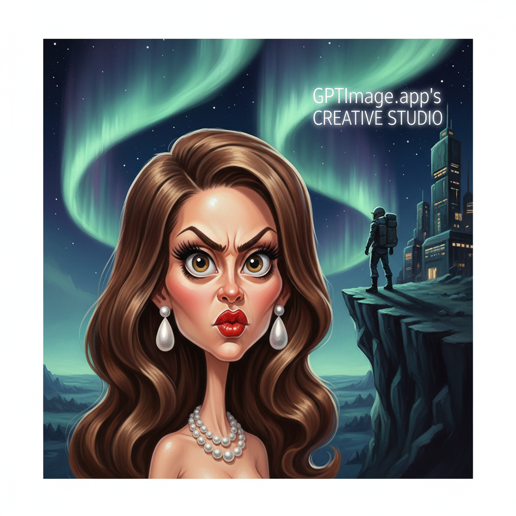 An exCute caricature glossy acrylic oil,Mary angel-wide, full body view, exaggerated caricature of a woman with an angry or annoyed expression. She has large, expressive eyes with long, thick eyelashes and her eyebrows are sharply furrowed. Her nose is small and her lips are exaggeratedly full and pursed into a pout with bright red lipstick. She has long, voluminous, wavy brown hair that frames her face. She wears elegant pearl earrings and a matching pearl necklace. Oil painting, white backgroundplorer standing on a cliff, watching aurora ribbons illuminate the sky above GPTImage.app's creative studio.