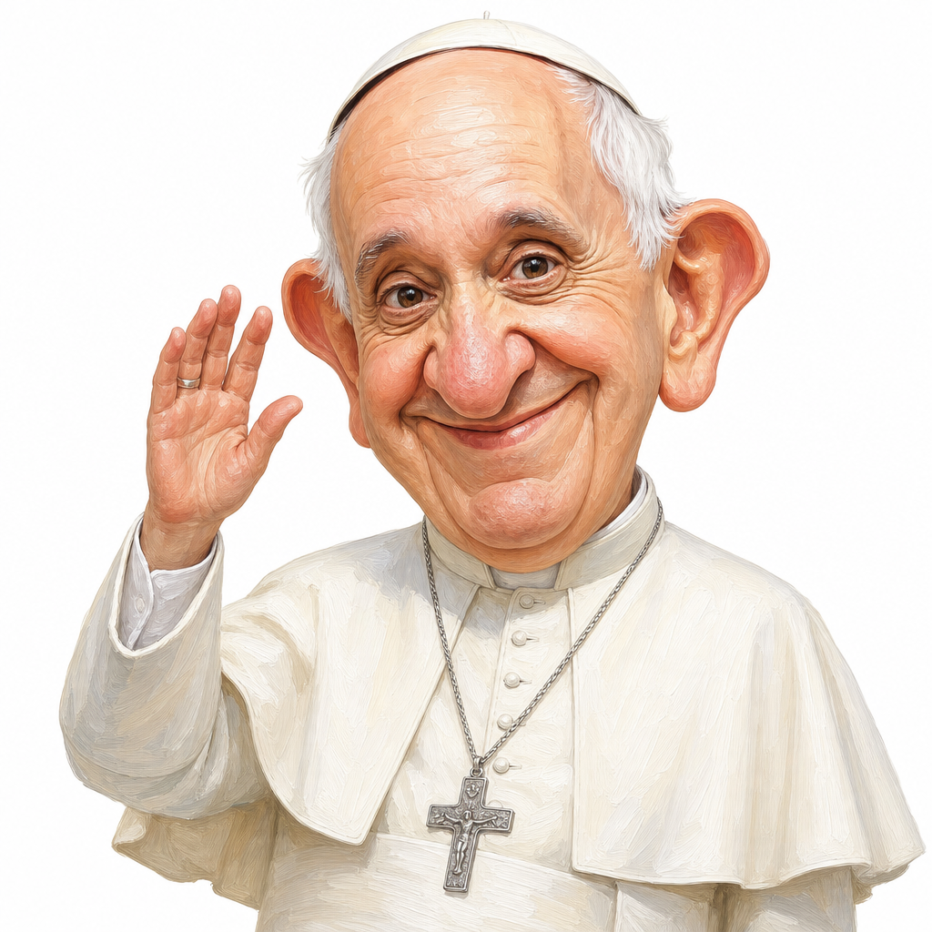 cute caricature Pope Francis with exaggerated features, including an oversized head, a prominent nose, large ears, and a warm smile that wears a white cassock and a silver pectoral cross when waving.  Rendering in Native 4K. oil painting, white background