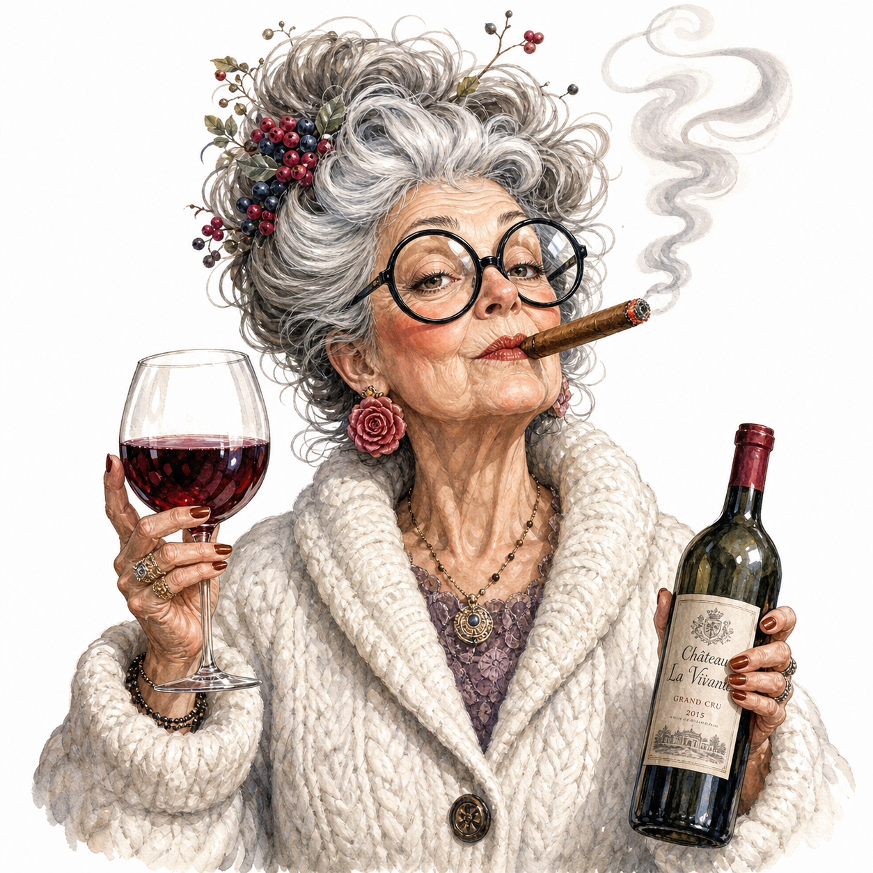 cute caricature high-quality Watercolor illustration style of an eccentric, cultured older woman with voluminous gray hair, in an elaborate updo with small berries, wearing large round black-rimmed glasses and a rose-shaped earring. She smokes a cigar, the smoke rolling gracefully upwards in the background. In her right hand she holds a wine glass filled with red wine and in her left a wine bottle. She wears a chunky white cardigan..   Rendering in Native 4K, 50 pixels oil painting, white background