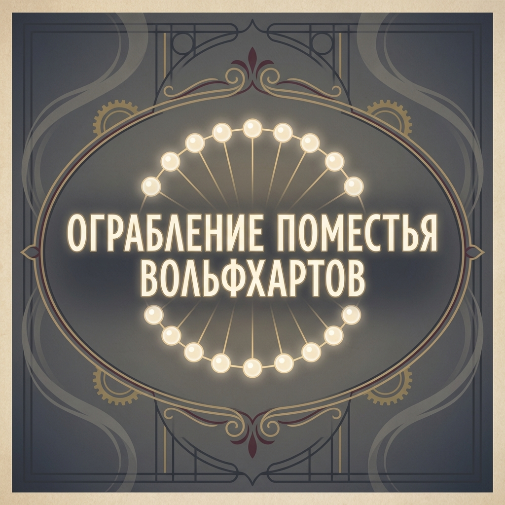 A flat, graphic fantasy–steampunk poster illustration in the stylized symmetrical style of “Heliana’s Guide to Monster Hunting” chapter covers.
Large, bold, geometric fantasy lettering placed strictly in the center of the image:
“ОГРАБЛЕНИЕ ПОМЕСТЬЯ ВОЛЬФХАРТОВ”
The title is treated as a graphic sigil rather than normal typography: perfectly horizontal and centered, flat, with a soft inner glow. No 3D depth, no shadows, no perspective. The title is the brightest and clearest element in the composition.
Strict vertical symmetry. The text sits inside a refined, flat oval frame resembling a noble crest or ballroom medallion. The frame is smooth and elegant, with thin ornamental lines and restrained decorative flourishes.
Behind the title is one central symbolic motif: a stylized pearl necklace arranged in a perfect arc, mirrored symmetrically. The pearls are rendered as flat glowing circles connected by thin, delicate lines. The necklace forms a subtle halo-like curve around the text without suggesting motion or narrative action.
Additional minimal decorative elements arranged symmetrically:
– thin geometric lines suggesting window frames or wrought-iron patterns
– subtle cog-like circular shapes integrated into the border
– faint smoke-like curved bands kept flat and ornamental
No characters, no weapons, no chase scenes, no figures, no depth. No environment or interior perspective — everything exists on a single visual plane like a printed chapter plate.
Lighting is purely graphic:
– soft inner glow from the pearls
– gentle flat gradient background
– slightly darker edges framing the composition
No directional lighting or realism.
Color palette:
– muted charcoal gray or smoky navy background
– desaturated brass or antique gold accents
– soft ivory glow for the pearls
– subtle deep burgundy accent for aristocratic tone
Smooth flat gradients only, no volumetric shading.
Texture:
– printed poster feel
– light paper grain
– slightly aged parchment surface
– uniform texture across the image
Mood: elegant, secretive, refined, tense but restrained.
Stylized, symbolic, minimal.
Avoid: perspective, depth of field, cinematic lighting, realistic interiors, characters, silhouettes, dynamic action, dramatic shadows, or cluttered detail.