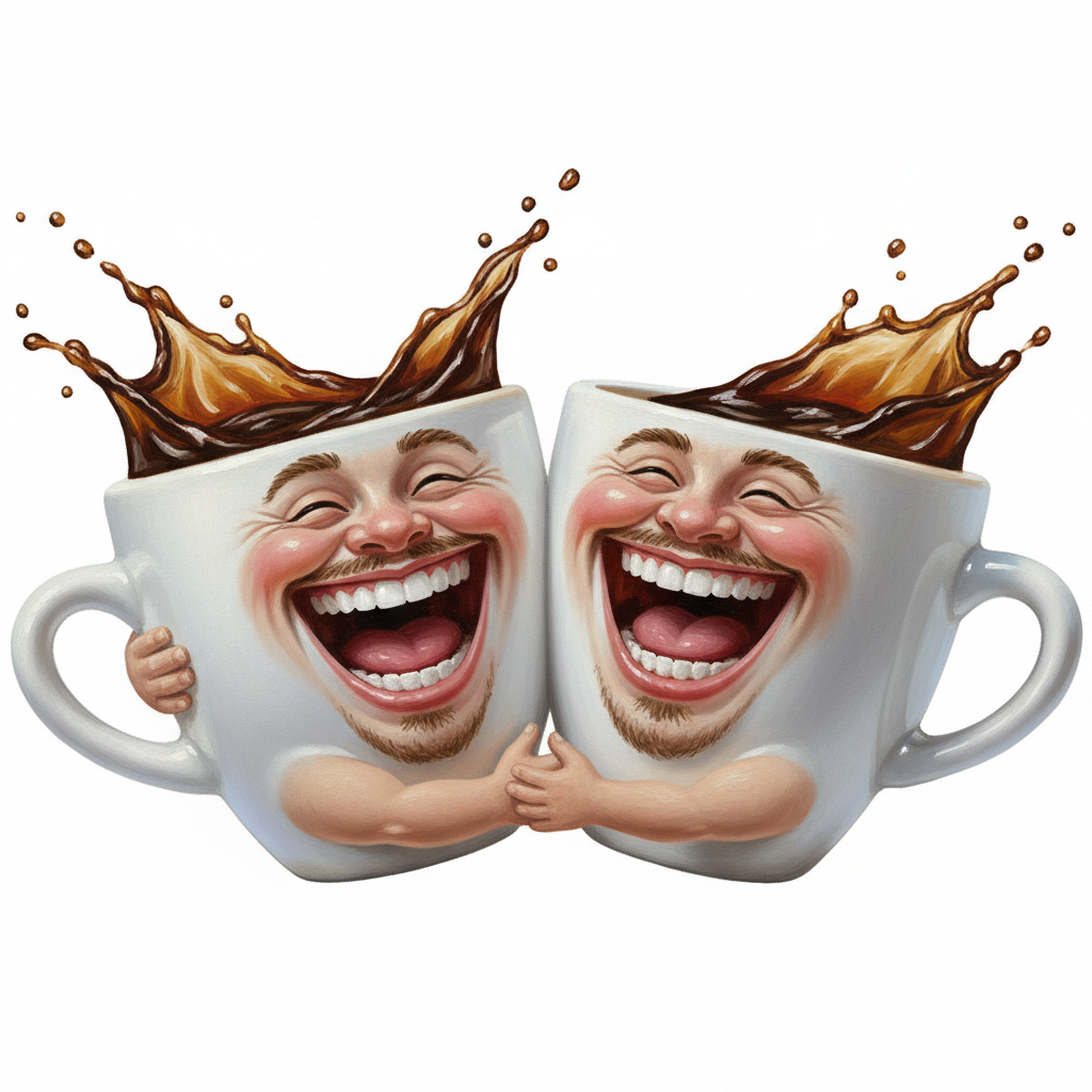 cute caricature two anthropomorphic ceramic coffee cups, each depicting a hyper-detailed human face with an expression of boisterous, ecstatic laughter, squashed eyes, and wide-open mouths with realistic teeth and tongues. The two cups stand side by side, with human-like arms emerging seamlessly from the ceramic surface and wrapping around each other in a warm, friendly embrace. The cups are filled with a dark liquid that splashes over the edges as if caught in mid-movement. The surface of the cups is smooth and matte white, contrasting with the detailed, lifelike skin texture and stubble of the faces. Rendering in Native 4K, 50 pixel, oil painting, white background