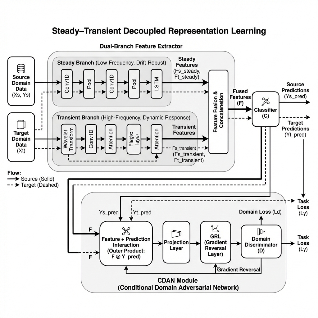 Draw a research paper architecture diagram emphasizing the key contribution of the model.

Model: Two-Branch CDAN for Gas Sensor Drift Adaptation

Key idea to highlight:
- Decoupling steady-state (drift-stable) and transient (dynamic) features
- Learning complementary representations via dual branches
- Aligning domains using conditional adversarial learning (CDAN)

Requirements:

- Clearly separate two branches:
  1) Steady Branch (low-frequency, drift-robust features)
  2) Transient Branch (high-frequency dynamic response features)

- Add a label above branches:
  "Steady–Transient Decoupled Representation Learning"

- Show feature fusion after the two branches

- Show classifier shared between domains

- Show CDAN module:
  - Feature + prediction interaction (outer product)
  - Projection
  - GRL
  - Domain discriminator

- Use one unified pipeline (no duplicated source/target networks)

- Represent:
  - Source flow with solid arrows
  - Target flow with dashed arrows

- Use clear grouping boxes:
  - Dual-Branch Feature Extractor
  - CDAN Module

- Style:
  - Minimalist, academic, vector-style
  - No unnecessary detail
  - Balanced layout (left-to-right)

Goal:
Make the diagram clearly communicate WHY two branches are needed and HOW CDAN performs alignment.