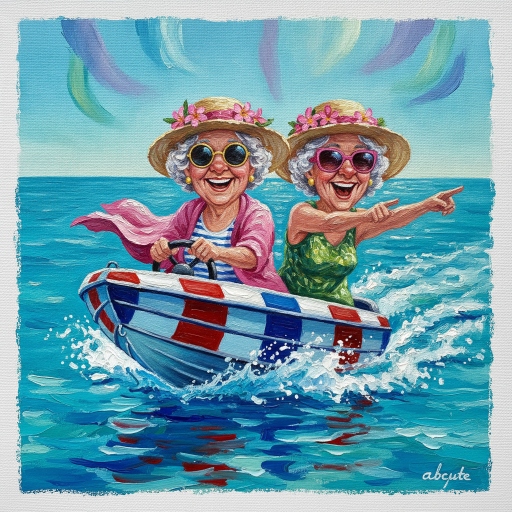 An explorer standing on a cliff, watching aurora ribbons illuminate the sky abcute  caricature high-quality two cheerful, older grandmothers with white hair riding a speedboat across a bright blue ocean. The grandmother on the left wears a straw hat decorated with pink flowers, round sunglasses with yellow edges and a pink cardigan while holding the steering wheel. The grandmother on the right wears a matching straw hat, pink sunglasses and a green top and points enthusiastically forward with a broad smile. The speedboat is red, white and blue and cuts through turquoise water with white spray., Rendering in Native 4K, 50 pixel, oil painting, white backgroundove GPTImage.app's creative studio.