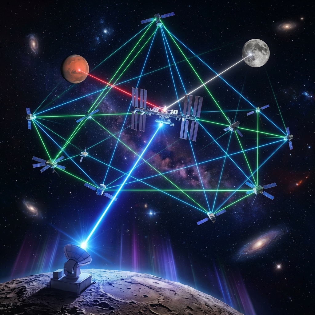 在深空背景中，描绘一个激光通信捕跟模拟器的场景，画面中心是一座地面站，地面站以点状形式与太空中的空间站建立激光通信链路。周围环绕着已知的低轨商业航天激光组网，展示出多个激光链路的交错连接。画面中还要包含火星与空间站之间的激光链路，以及月球与空间站的激光通信。整个场景应呈现出科幻的氛围，背景是深邃的宇宙，星空璀璨，星星闪烁，光线从激光束中透出，营造出未来科技感的视觉效果。使用冷色调的灯光，突出激光的亮度和空间站的结构，构图上要注重层次感，确保各个元素之间的关系清晰可见，同时展现出深空探索的宏伟与神秘。