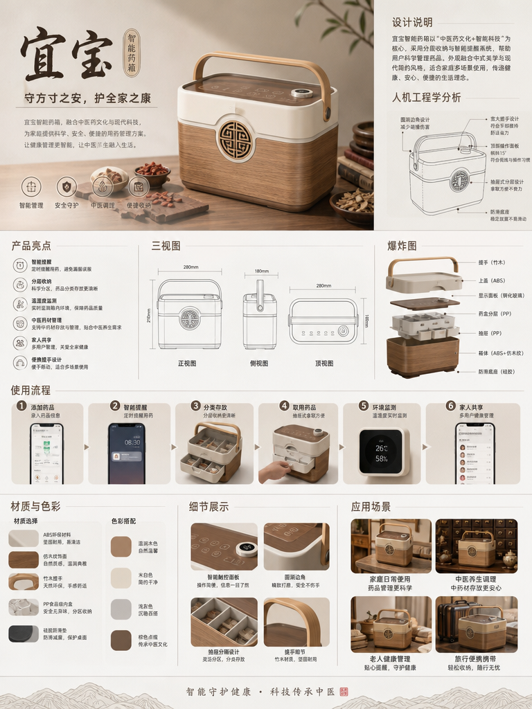 Based on the above information, this image was designed as a display board, requiring extraction of the information about the Yibao Smart Medicine Box in the Chinese medicine board for analysis, ensuring the board content is rich and stylish, and that the language on the generated display board is Chinese. Emphasis on design explanation and ergonomic analysis, product highlights, product three-view views, product exploded views, usage process, materials and colors, detailed displays, and application scenarios