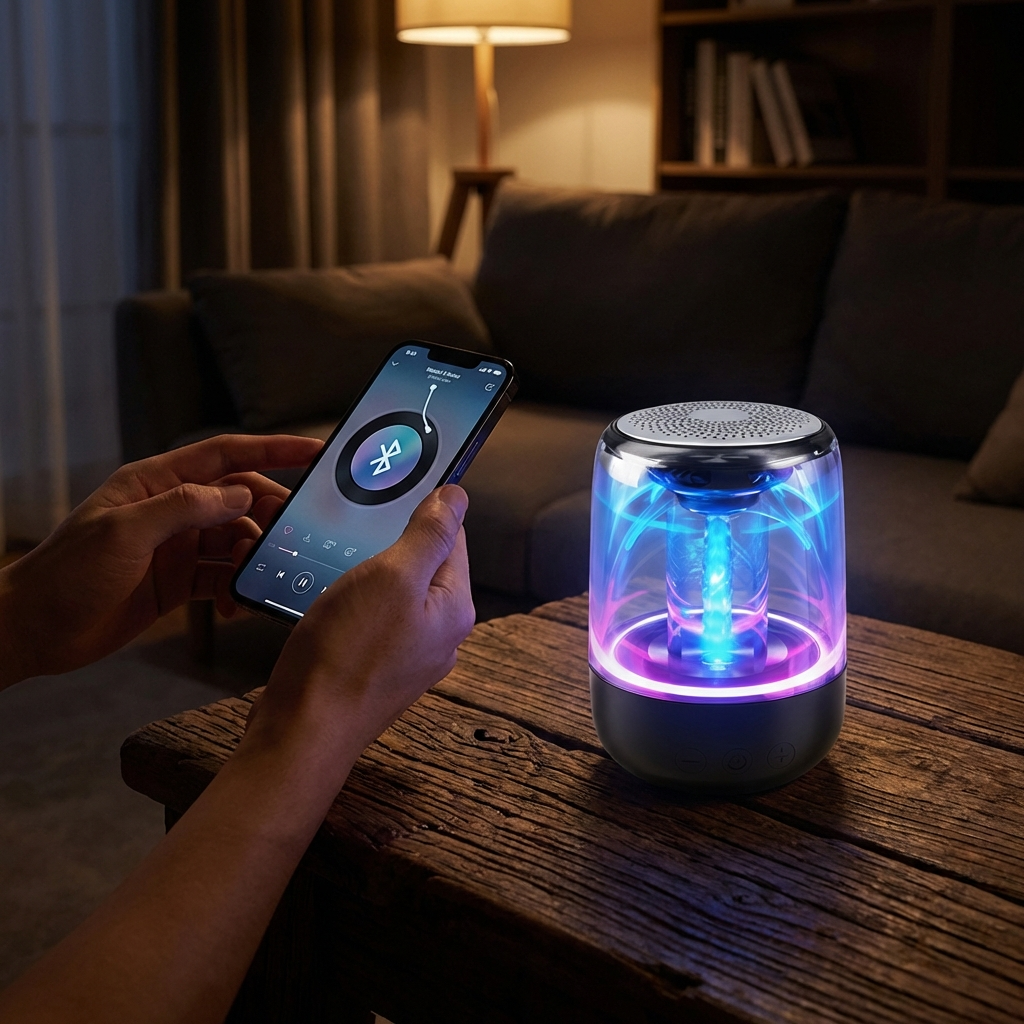 Create an image in which this exact product is placed in a room on a rugged surface beside it is a person using his phone and it seems the phone is connected to this bluetooth speaker, the room is appearing dim lighting like night time, dark theme, realistic, highly detailed