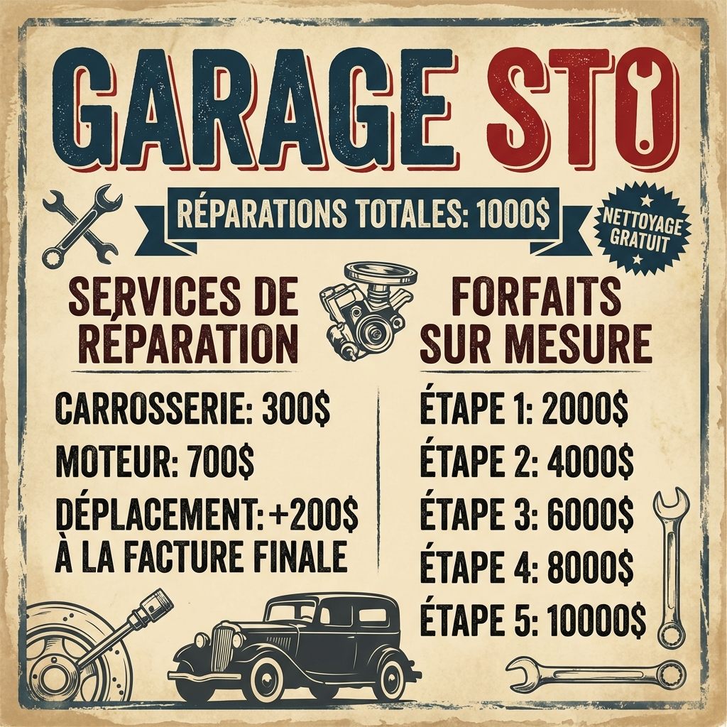 en francais fait moi une image style affiche pour un garage qui se nomme STO reparation total 1000 dollars, netoyage gratuit, raparation caroserie 300 dollars; reparation moteur 700 dollars, deplacements + 200 dollars a la note finale; custom STAGE 1 2000 / STAGE 2 4000 / STAGE 3 6000 / STAGE 4 8000 / STAGE 5 10000
