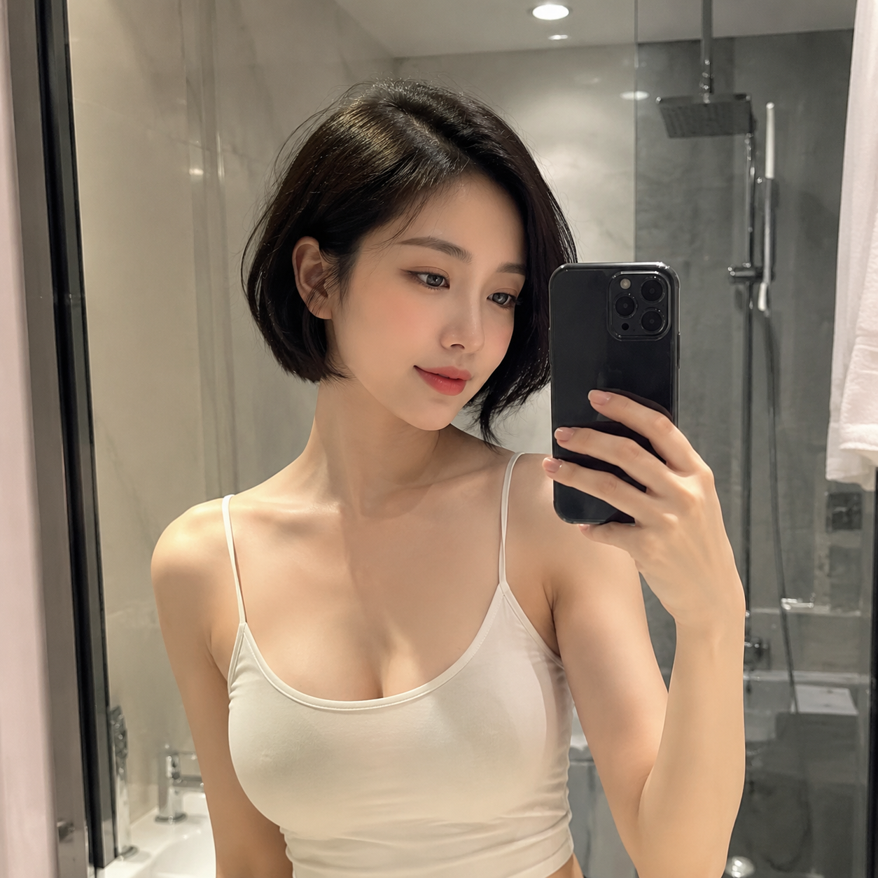 一个短发的精致中国少妇穿着吊带背心在浴室自拍，身材挺拔，唯美写真