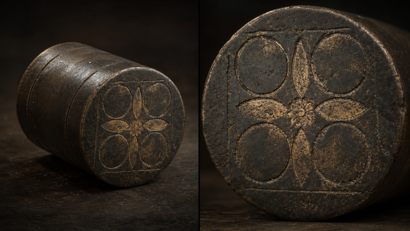 Create a cinematic close-up concept design of an ancient Persian cylindrical seal belonging to Pir-e Farzaneh.

REFERENCE:
Use the provided image of the Derafsh Kaviani-inspired pattern as the direct visual reference for the engraved symbol. Preserve the overall composition and arrangement of the emblem, but modify the proportions as described below.

SEAL FORM:
The object is a small ancient cylindrical seal, slightly larger than a coin, compact enough to be comfortably carried in a pocket or attached to a personal object.

It must clearly have a CYLINDRICAL three-dimensional form, with a rounded side surface and a circular engraved end. It must NOT look like a flat coin, medallion, plaque, badge, pendant, or rectangular stamp.

The material should feel like aged dark stone, dark bronze, or naturally darkened metal, with subtle scratches, worn edges and evidence of long-term use.

DERAFSH KAVIANI-INSPIRED ENGRAVING:
The circular end contains an ancient engraved version of the provided Derafsh Kaviani-inspired pattern.

Preserve the main composition:
- four large elongated yellow/gold petal-like shapes arranged around the center
- four circular motifs positioned between the petals
- a central flower-like rosette
- a square-like inner field surrounding the emblem

IMPORTANT PROPORTION CHANGE:
The four circular motifs must be MUCH LARGER than in the reference image.

Each circular motif should have a diameter approximately large enough to fill most of the open space between the two neighboring elongated petals.

The circles should visually balance the four large petals and become a major part of the emblem rather than small decorative dots.

The central rosette remains smaller than the surrounding circles.

ENGRAVING STYLE:
The design is not painted onto the seal.

It is physically engraved, stamped, or carved into the surface of the cylindrical seal.

The engraving should be shallow, irregular and partially worn away.

IMPORTANT:
The Derafsh Kaviani-inspired pattern must appear PARTIALLY ERASED / WORN DOWN by centuries of handling.

Some parts of the petals, circles and central rosette should remain clearly recognizable, while other sections are faded, scratched, chipped or nearly invisible.

The worn areas must look naturally caused by age and repeated use, not artificially blurred.

The engraving should have uneven depth, softened edges and small areas where the original pattern has disappeared completely.

COLOR:
The seal itself should be dark and aged.

The engraved pattern should NOT appear as bright modern yellow paint.

Use subtle traces of aged bronze, muted gold, or lighter worn material visible inside some engraved areas, while much of the pattern remains dark and partially obscured.

The object should feel ancient, tactile and believable.

DESIGN LANGUAGE:
Ancient Iranian / Persian cultural identity.
Minimalistic but mysterious.
Historically inspired.
No fantasy jewelry.
No magical glowing effects.
No gemstones.
No ornate royal decoration.
No Greek, Roman, Arab or medieval European motifs.

The seal should look like an ordinary old personal object whose importance comes from its history and symbolism rather than its appearance.

PRESENTATION:
Show the complete cylindrical seal in a 3/4 view, with the engraved circular end clearly visible.

Also show a close-up of the engraved surface so the enlarged circles, four petals and worn engraving can be clearly examined.

CINEMATIC ANIMATED REALISM, high-end feature-animation quality, realistic aged material, physically believable engraving, subtle dramatic lighting, dark atmospheric background, highly detailed surface texture.

The final object should feel small, ancient, personal, mysterious and authentically connected to Persian cultural symbolism.