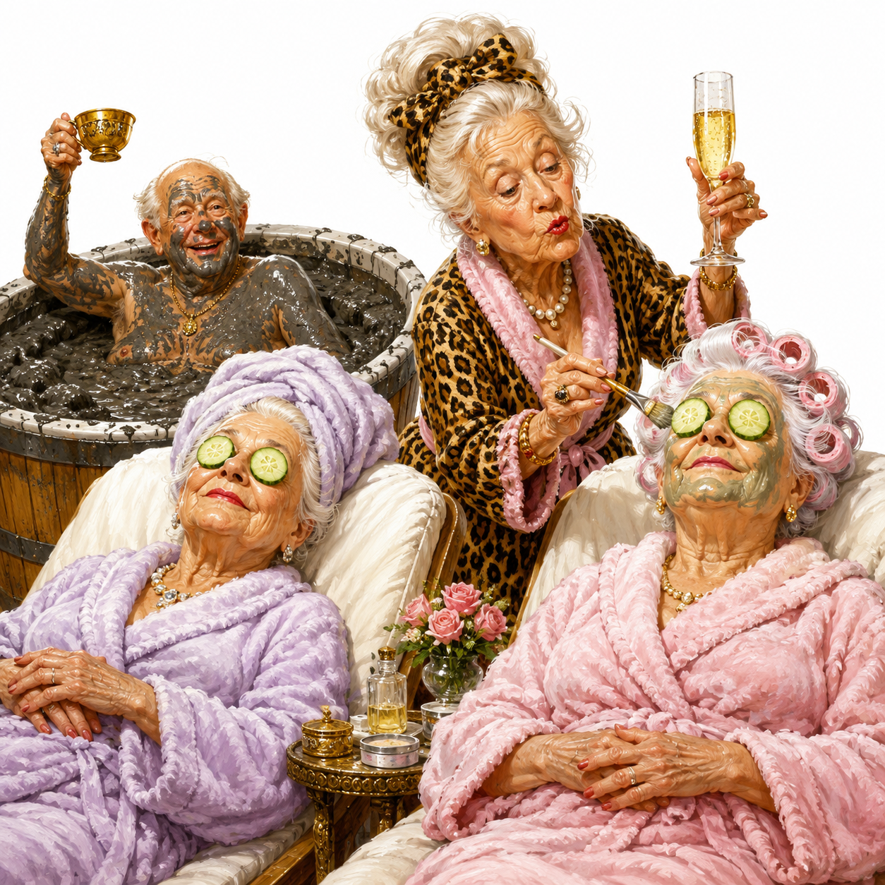 Cute caricature high-quality Two elderly divas lie on spa loungers in luxurious bathrobes, wearing cucumber slices on their eyes. A third diva tries to apply a face mask and balance a glass of champagne at the same time. An elderly man in the background accidentally sits in a mud bath and proudly holds up a golden teacup.  Rendering in Native 4K, 50 pixels oil painting, white background