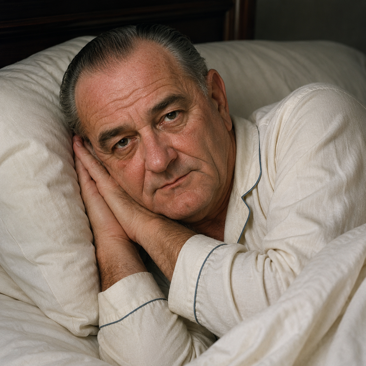 Lyndon Johnson do sleep motion by using hands as pillow with eyes open while looking at the viewer straight ahead
