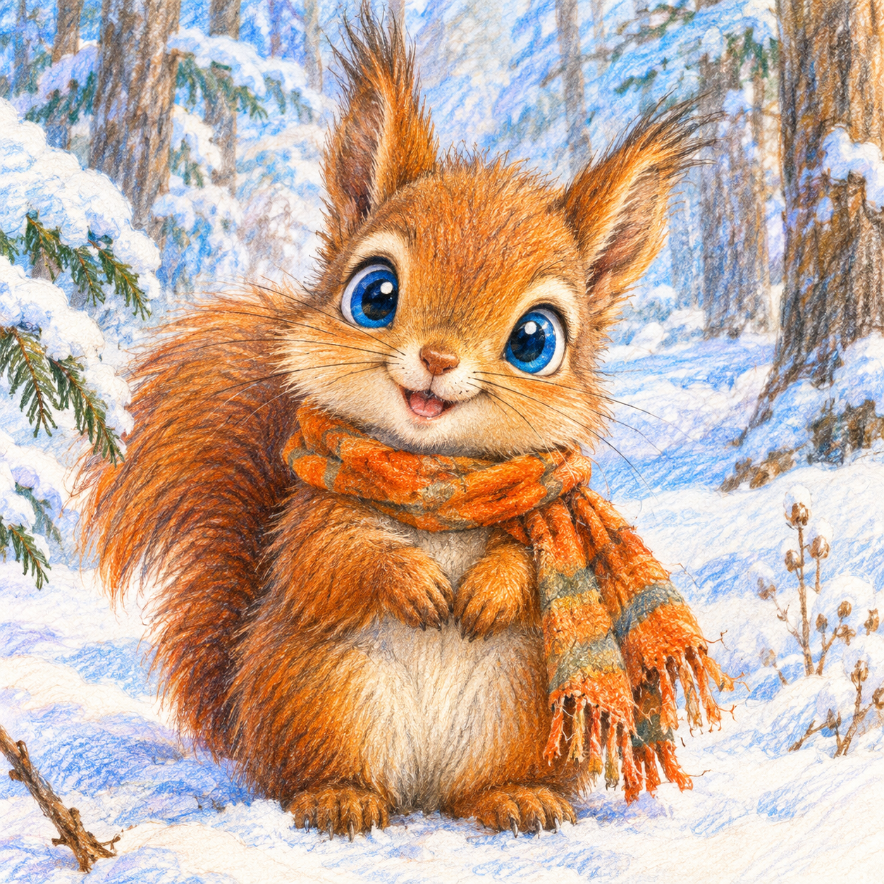 cute baby squirrel smiling in a winter forest blue big eyes wears a old scarf orange pencils colours style