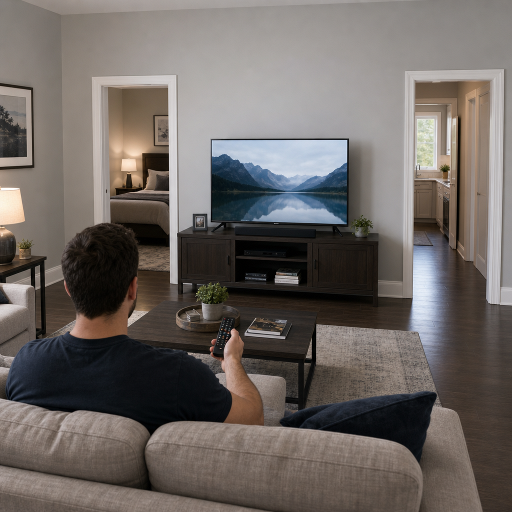 EXPAND THE IMAGE SO THAT THE BACK OF THE MAN'S HEAD AND THE ENTRANCES TO THE ROOMS APPEAR, ALONG WITH THE LIGHT GRAY PAINTED WALL OF THE LIVING ROOM IN A RESIDENCE.