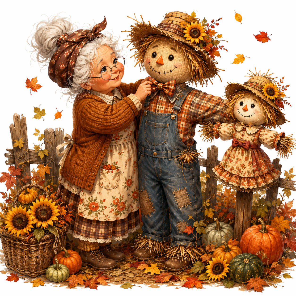 An explorer standing on a cliff, watching aurora ribbons illuminaCute caricature high-quality, whimsical autumn illustration of a smiling elderly woman with fluffy white-grey hair in a messy updo and round glasses, standing in a rustic garden surrounded by autumn leaves. Wearing a brown patterned headscarf, oversized cardigan, and floral apron over a plaid dress, she gently adjusts the plaid bow tie of a large, life-size male scarecrow wearing overalls and a straw hat decorated with sunflowers. To her right stands a smaller female scarecrow on a wooden post, wearing a matching straw hat and a ruffled dress. The ground is dotted with autumn leaves, pumpkins and cucurbits, with a wooden fence and a basket of sunflowers in the foreground.Rendering in Native 4K, 50 pixels oil painting, white backgroundte the sky above GPTImage.app's creative studio.