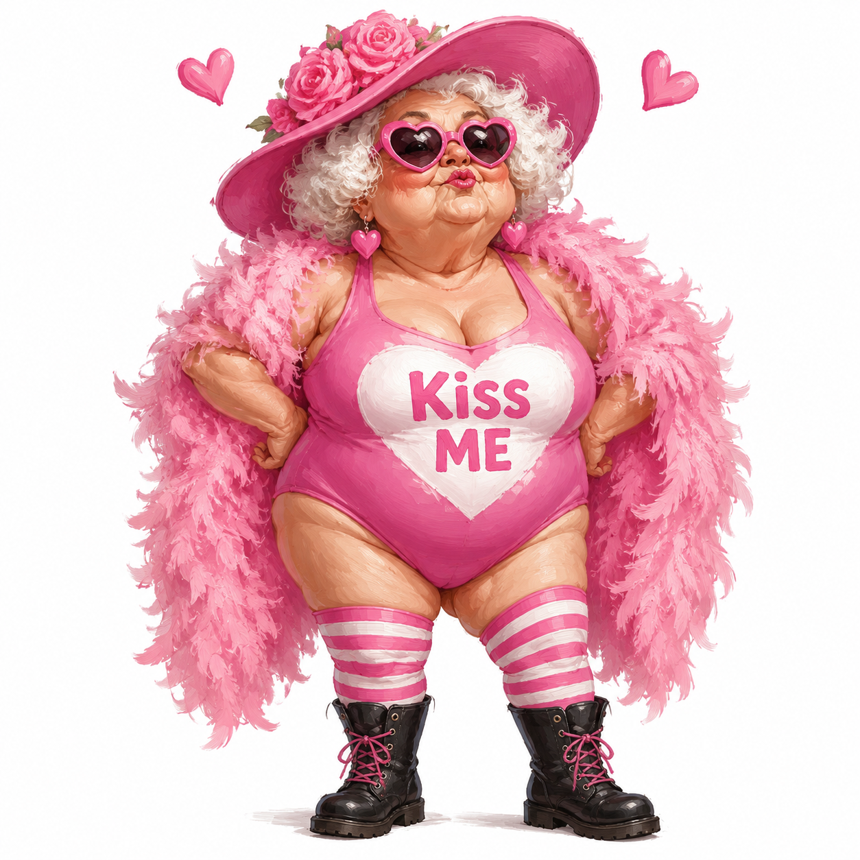 Cute caricature high-qualityEccentric, chubby older woman with fluffy, white, curly hair wearing a large pink sun hat with pink roses. She wears heart-shaped pink sunglasses, drop heart earrings, a pink feathered boa draped over her shoulders, a pink bodysuit, striped thigh-high socks, and black lace-up boots. Two small floating pink hearts float above her hat on either side. The pink bodysuit features a white heart with the text „Kiss ME“ explicitly written on it in bold, friendly pink sans serif font. The text is centered in the heart shape on her chest..Rendering in Native 4K, 50 pixels oil painting, white background