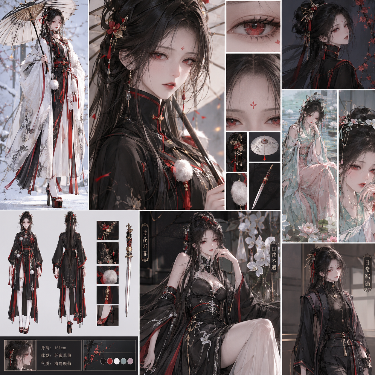 生成少女图片，身高161cm，整体身形纤瘦单薄，呈现出弱柳扶风般的病弱轻盈感，气质清冷脱俗，兼具大家闺秀的温婉端静与江湖侠者的傲然风骨，远观恰似一株傲雪独立的寒梅；她面容清隽秀气，肤色白皙明丽，眉间点缀着一点如绛梅绽雪的红痣，眉形是细长舒展的罥烟眉，眉头浅淡似蹙非蹙，眼型为轻微吊梢的丹凤眼，轮廓形似橄榄核，瞳孔偏大，眼尾尖细，睫毛自然下垂，眼眸之中暗含梅花意象，眼神清冽又带着几分通透的沉静，虽面带病弱的憔悴感却丝毫无萎靡之态，反倒藏着几分坚韧的侠气；她有着一头乌黑柔顺的长发，发髻简约束起，发间点缀着小巧的红梅发饰，散落的发丝随风飘逸更添灵动；其基础立绘的服饰以黑白红三色为主色调，是材质细腻考究、可抵御严寒的古风长袍，外罩宽大垂坠的白色广袖外袍，衣身带有墨色晕染而成的自然纹样，衣身装饰有圆润的白色毛球，衣缘与内衬处点缀着正红色饰边，腰间垂落一条修长的红色长绦，配色典雅素净，线条飘逸流畅，而芙蕖清昼主题装束则换为淡青与粉棕搭配的古风襦裙，造型清雅闲适，与荷塘景致相融，尽显慵懒温婉的气韵。身形高挑匀称，自带成熟冷艳的御姐气场，肤色白皙细腻，面容精致清冷，面部线条利落又不失柔媚质感，一双赤色眼眸明丽锐利，眼尾微微上挑，眼波流转间自带几分疏离的神秘感，眉形修长舒展，平素神情常带着漫不经心的慵懒感，认真时又会透出锋锐果决的气场；她拥有一头乌黑浓密的柔顺长发，发丝质感亮泽顺滑，部分发丝在头顶利落挽起，搭配精致的金色古风头饰与红色发饰作为点缀，余下长发自然垂落至腰际，行动时长发随身姿飘逸灵动，更添飒爽气质；基础立绘身着以黑红为主色调的国风改良立领长衫，衣身剪裁挺括又兼具垂坠飘逸感，衣料上暗绣雅致的兰花纹样，领口、袖口与衣摆边缘都镶有正红色饰边，衣身点缀有圆润的白色毛球与金色挂饰作为细节装饰，腰间束着红色腰带并垂有金色流苏坠饰，下装搭配纯白色长袜与红黑拼色的高跟鞋子，她的标志性配饰是一把古风油纸伞，伞面素净典雅，伞骨暗藏锋刃结构，既是身份象征也可作为武器使用，整体造型将古典雅致的东方韵味与利落的设计感巧妙融合，既契合伊波恩古董店经营者的沉稳身份，又暗藏异象猎人的果决锋芒；其高级定制时装「兰花不菲」以鬼兰花为核心设计主题，风格更显慵懒老练，日常羁遇装束则偏向干练简约的风格，依旧延续了她清冷舒展的独特气质。
