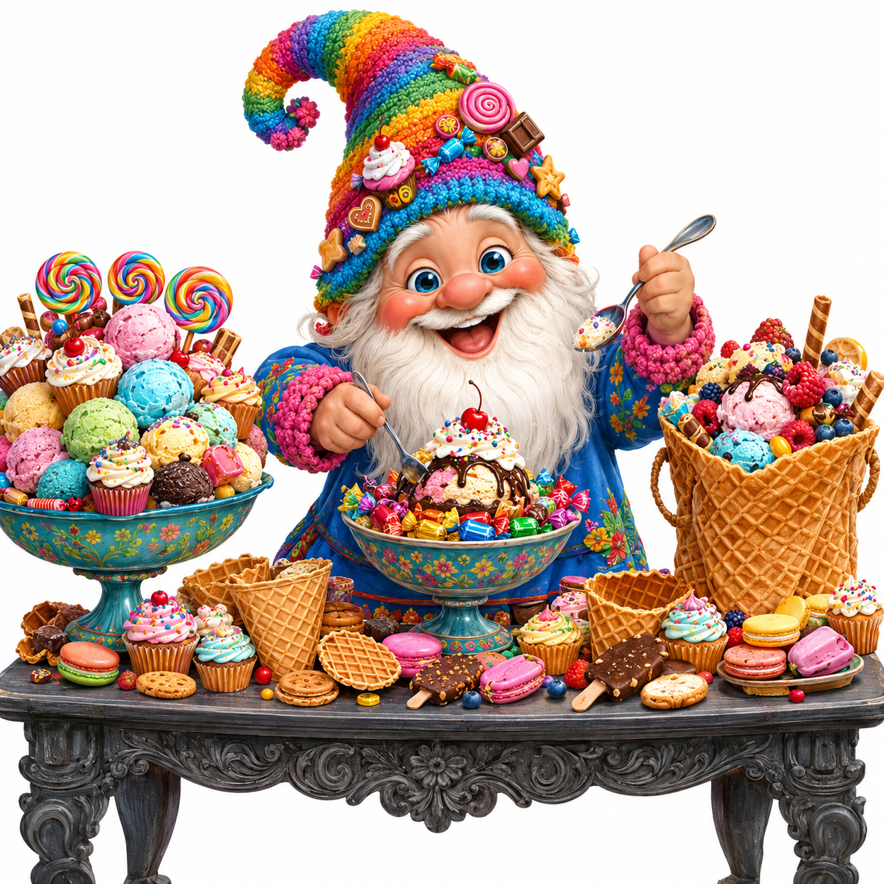 Cute caricature, high quality, cheerful gnomes with a long white beard and a distinctive, bright, rainbow-colored knitted hat that curls at the top and is decorated with various small sweets and sweet decorations. Wearing a blue shirt with brightly patterned sleeves and thick pink knitted cuffs, the gnome holds a spoon in each hand; one spoon stirs a dessert in a central bowl, while the other is held higher and ready to scoop. The gnome stands behind an ornate, dark grey wooden table with intricate carvings on its legs. The table is richly covered with a variety of colorful sweets and desserts: on the left, a large blue-green pedestal bowl overflows with numerous scoops of ice cream (including pink, yellow, blue, and green), cupcakes, and swirling lollipops; in the center, directly in front of the gnome, is a smaller pedestal bowl containing a multi-layered dessert, garnished with a scoop of ice cream and a red cherry, surrounded by a ring of colorfully wrapped candies; on the right side stands a huge waffle bag filled with scoops of ice cream, fresh raspberries, blueberries, and other colorful toppings; scattered across the table are empty waffle bags, small round cookies, waffle-shaped cookies, various colorful cupcakes, macarons, and small ice cream bars/popsicles,with heavily exaggerated caricature faces . Rendering in Native 1K, ultra-detailed oil painting, white background.