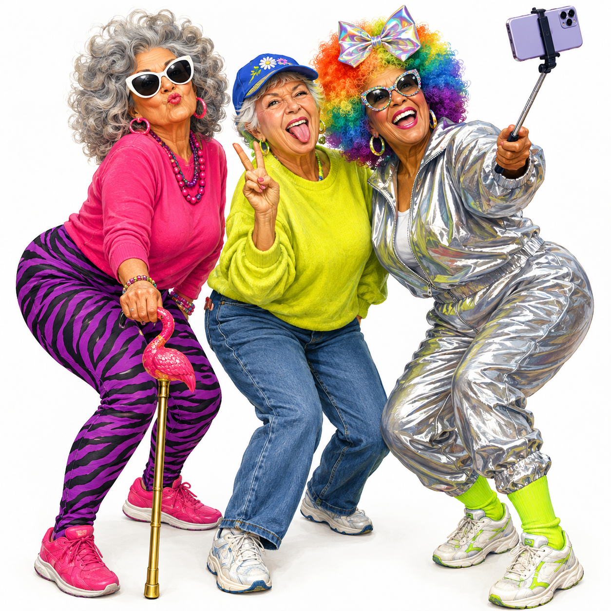 cute caricature high-qualitythree eccentric, older women posing energetically and taking a selfie, the woman on the left has voluminous grey curly hair, white sunglasses, a bright pink top and purple and black zebra print leggings and leans on a gold cane with a pink flamingo. The middle woman wears a baseball cap, a lime yellow sweater and blue jeans and sticks out her tongue in a playful pose. The woman on the right has a rainbow-colored Afro wig adorned with a large iridescent bow, wears a metallic silver tracksuit, neon green socks, and holds a smartphone on a selfie stick to capture the moment .Rendering in Native 4K, ultra-detailed oil painting, white background. oil painting, white background.