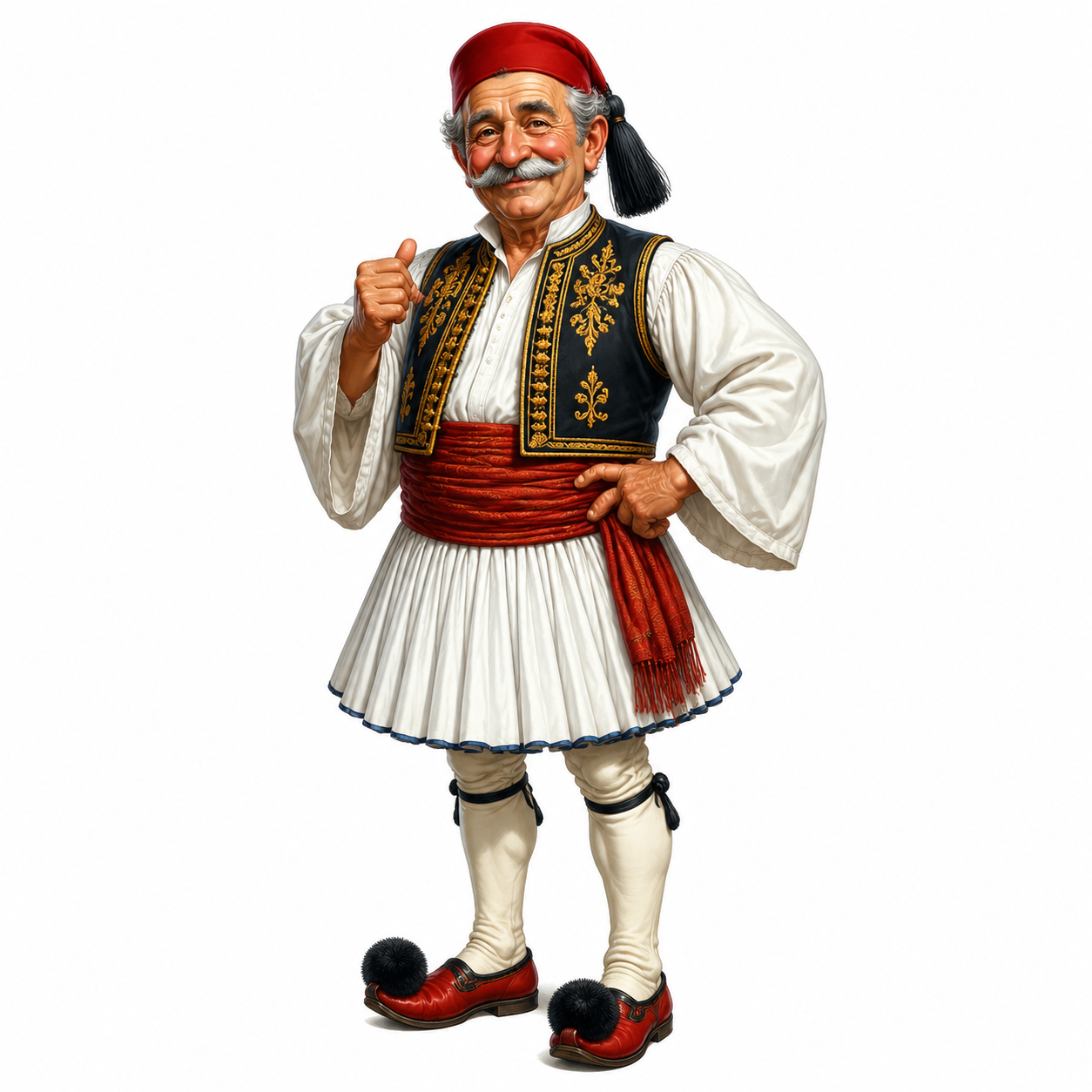 cute  caricature high-quality, older Greeks in traditional historical folk costume, including a white fustanella skirt, a black embroidered vest with gold details, a red sash around the waist, white stockings and red Zarouchia shoes with black pompoms, topped by a red fez hat with a tassel. The man smiles warmly with mustache and poses.Rendering in Native 4K, 50 pixel, oil painting, white background