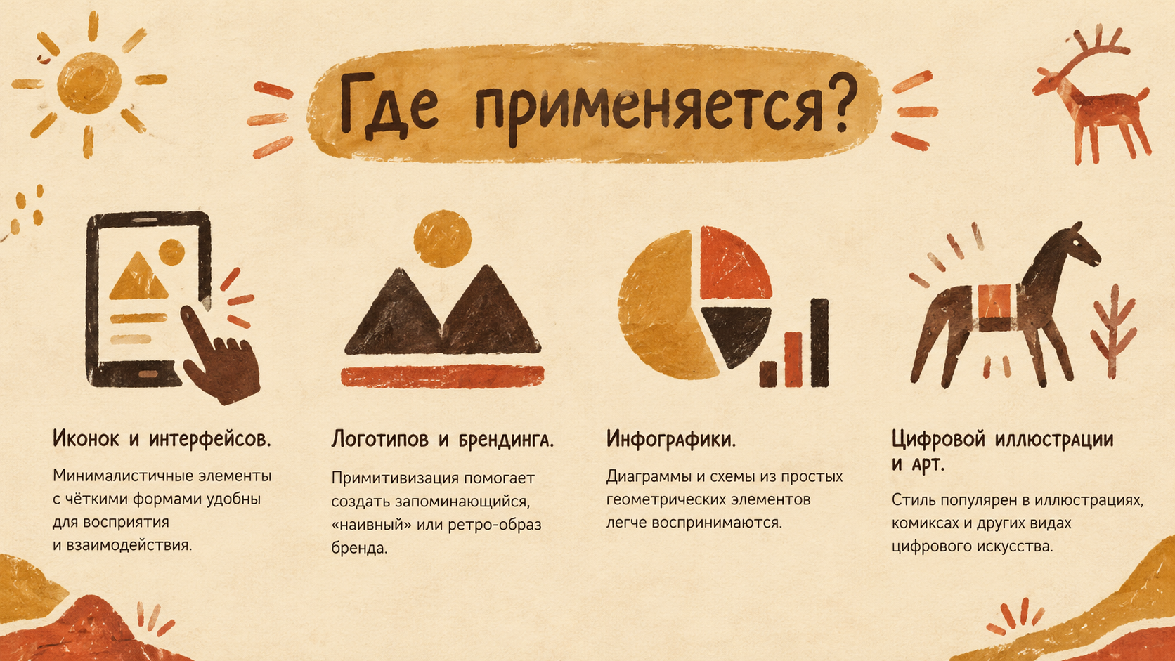 Создай слайд для презентации о примитивном  искусстве используя стиль данного изображения. Добавь следующий текст:Где применяется?

Этот стиль хорошо подходит для:

Иконок и интерфейсов. Минималистичные элементы с чёткими формами удобны для восприятия и взаимодействия.

Логотипов и брендинга. Примитивизация помогает создать запоминающийся, «наивный» или ретро-образ бренда.

Инфографики. Диаграммы и схемы из простых 
геометрических элементов легче воспринимаются.

Цифровой иллюстрации и арт. Стиль популярен в иллюстрациях, комиксах и других видах цифрового искусства.
