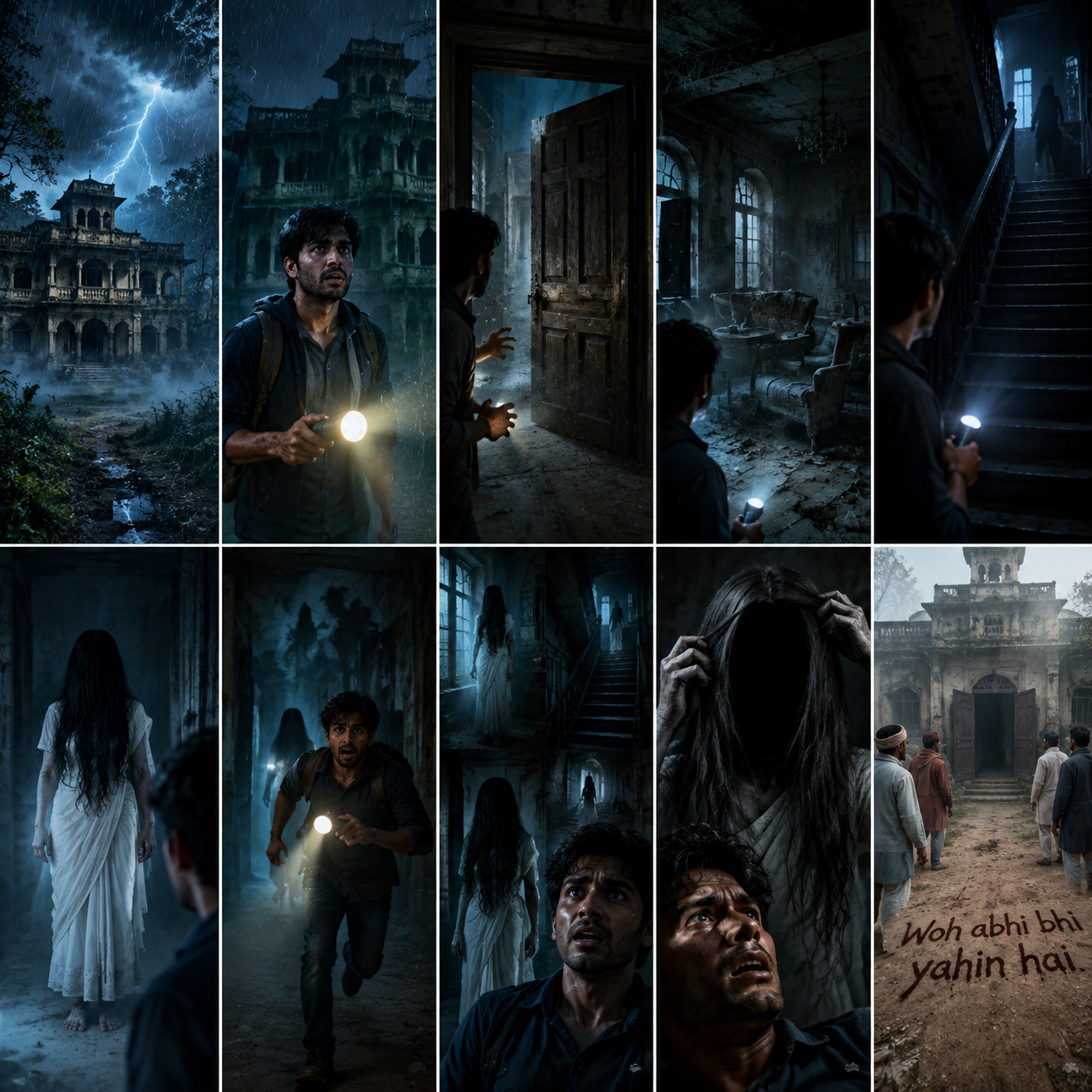 # Horror Story Scene Image Prompts (9:16)
## Scene 1 – बरसात की डरावनी रात
**Prompt:**
A dark rainy night in an Indian village, an old haunted mansion standing alone near the forest, lightning in the sky, heavy rain, spooky atmosphere, cinematic horror lighting, ultra realistic, fog everywhere, abandoned haveli, terrifying mood, 9:16 vertical
---
## Scene 2 – रवि हवेली के सामने
**Prompt:**
Young Indian man named Ravi holding a flashlight standing nervously in front of a huge abandoned haunted haveli at night, rain falling, creepy shadows, horror cinematic scene, realistic face expression, dark atmosphere, ultra detailed, 9:16 vertical
---
## Scene 3 – दरवाज़ा अपने आप बंद होना
**Prompt:**
Inside a haunted Indian mansion, old wooden door suddenly closing by itself with creepy motion, dust flying in air, Ravi shocked with flashlight in hand, dark corridor, horror movie style lighting, ultra realistic, cinematic suspense, 9:16 vertical
---
## Scene 4 – हवेली का अंदरूनी हिस्सा
**Prompt:**
Abandoned haunted haveli interior filled with broken furniture, spider webs, dust everywhere, dim flashlight beam cutting through darkness, terrifying old mansion atmosphere, cinematic horror scene, ultra detailed realism, 9:16 vertical
---
## Scene 5 – ऊपर से कदमों की आवाज़
**Prompt:**
Dark staircase inside haunted mansion, mysterious footsteps coming from upstairs, Ravi looking upward in fear with flashlight, creepy shadows, suspenseful horror atmosphere, cinematic lighting, realistic horror scene, 9:16 vertical
---
## Scene 6 – सफेद साड़ी वाली औरत
**Prompt:**
Terrifying ghost woman in white saree standing in darkness, long messy hair covering face, backward feet visible, haunted Indian ghost, Ravi terrified, horror cinematic atmosphere, ultra realistic supernatural scene, fog and shadows, 9:16 vertical
---
## Scene 7 – रवि भागने की कोशिश करता है
**Prompt:**
Young Indian man running through dark haunted mansion corridors in panic, flashlight shaking, ghostly shadows appearing on walls, intense horror chase scene, cinematic suspense, realistic lighting, ultra detailed, 9:16 vertical
---
## Scene 8 – हर कमरे में वही औरत
**Prompt:**
Multiple appearances of terrifying ghost woman in white saree inside different dark rooms of haunted mansion, standing near window, staircase and behind Ravi, psychological horror atmosphere, eerie cinematic lighting, ultra realistic horror art, 9:16 vertical
---
## Scene 9 – बिना चेहरे वाली औरत
**Prompt:**
Scary ghost woman slowly removing hair from face revealing complete darkness instead of a face, Ravi frozen in fear, terrifying supernatural horror scene, cinematic close-up, ultra realistic, nightmare atmosphere, 9:16 vertical
---
## Scene 10 – आखिरी डरावना सीन
**Prompt:**
Morning outside abandoned haunted haveli, villagers standing in fear near open door, dusty floor with message written ‘Woh abhi bhi yahin hai’, eerie silence, foggy atmosphere, cinematic horror ending scene, ultra realistic, 9:16 vertical