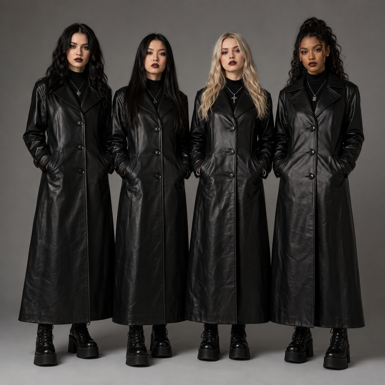 Show the 4 girls in a long black faux leathery leather trench jacket buttoned up with 4 buttons