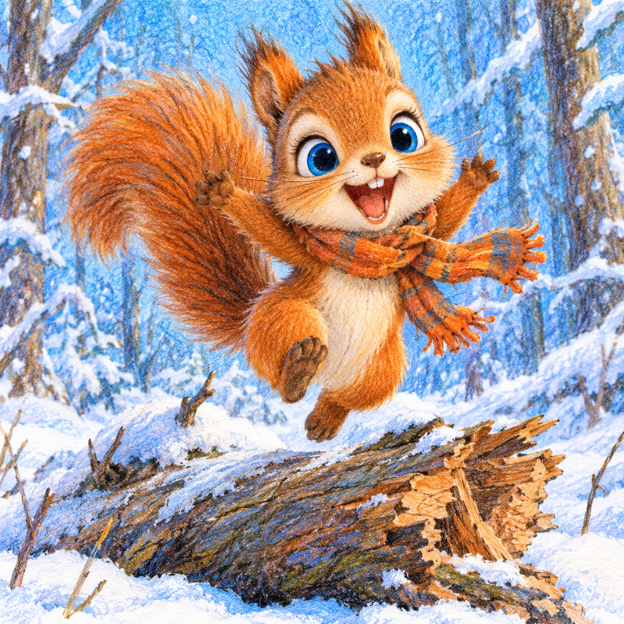 cute baby squirrel jumping very happy on a broken tree fall on ground-snow , winter forest blue big eyes wears a old scarf orange pencils colours style