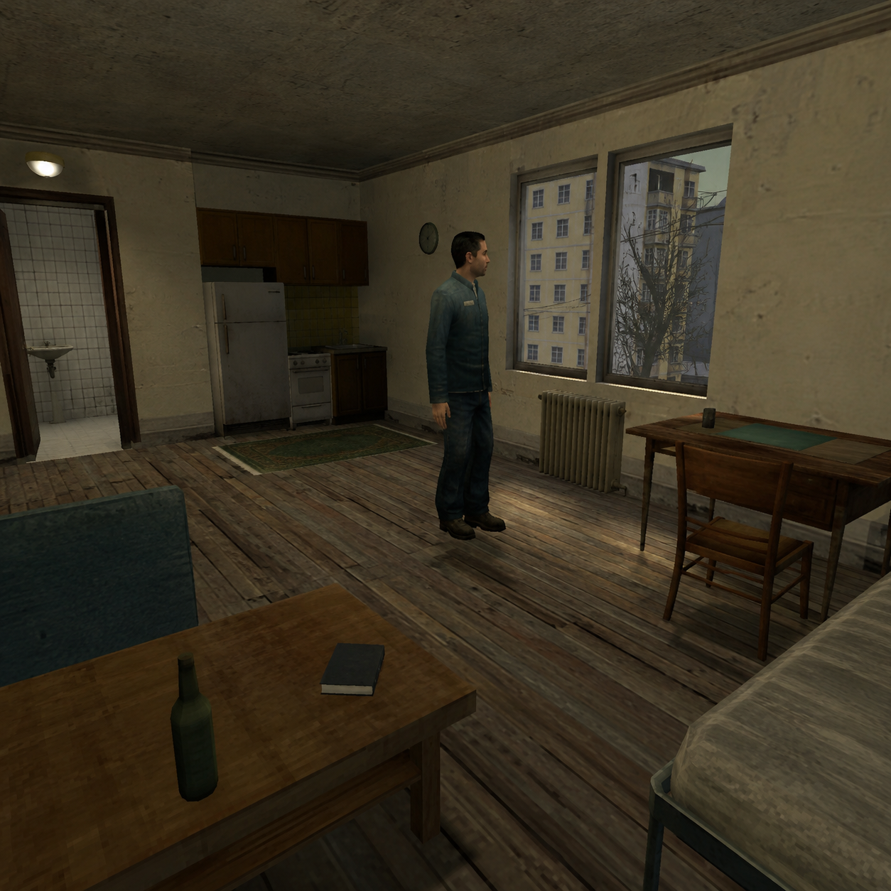 重制为早期 Source 引擎（起源引擎初代）风格的 3D 游戏截图。保留原图的主体、构图、视角和场景布局，但把整个画面重新诠释为《Half-Life 2》或 Garry’s Mod 早期地图中的场景。整体不是简单滤镜，而是像把现实照片“重新建模”成一张老游戏截图。风格要求：3D建模：所有物体、人物、树木、岩石、建筑都呈现明显的低多边形（Low-Poly）建模感，边缘略硬，几何感明显。材质贴图：使用 低分辨率（Low-Res）纹理 ，贴图略糊、略重复、细节有限，带有早期游戏资产的粗糙感。光影效果：模拟早期 Source 引擎特有的生硬、混乱、略不自然的光照。
。